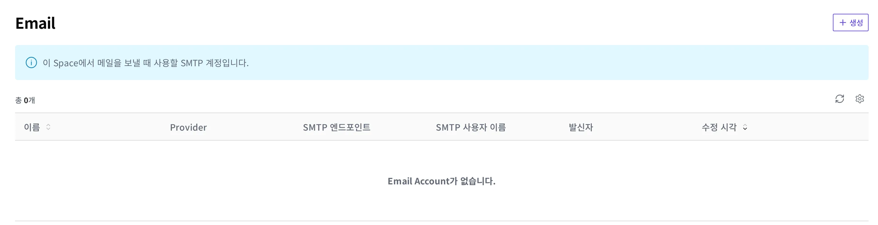 Email 목록 화면. 등록된 Email Account가 아직 없는 빈 상태이고, 오른쪽 위에 생성 버튼이 보인다