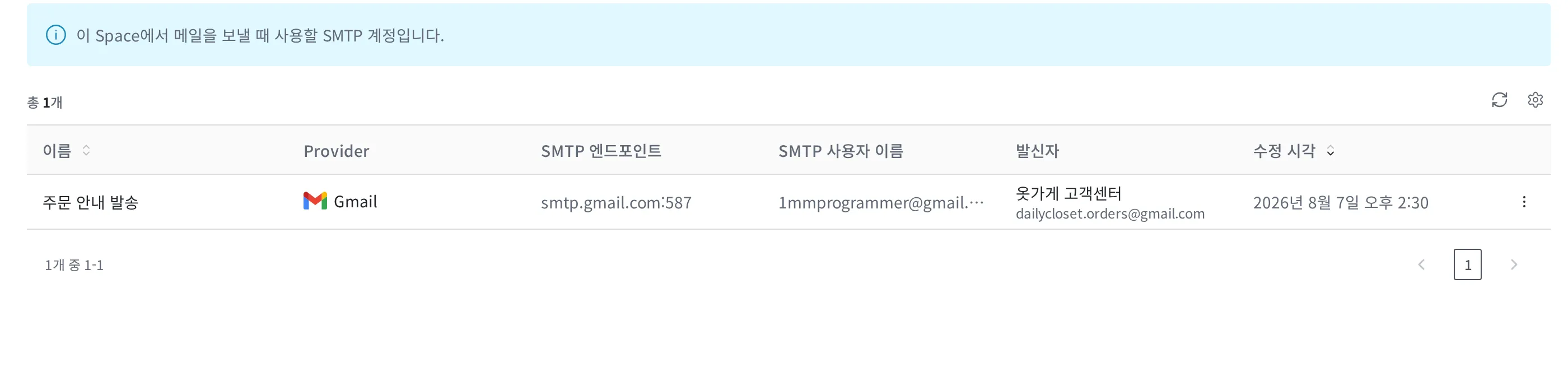 Email 목록 화면. "주문 안내 발송" Email Account가 한 줄 등록되어 있고 Provider·SMTP 엔드포인트·발신자 정보가 보인다