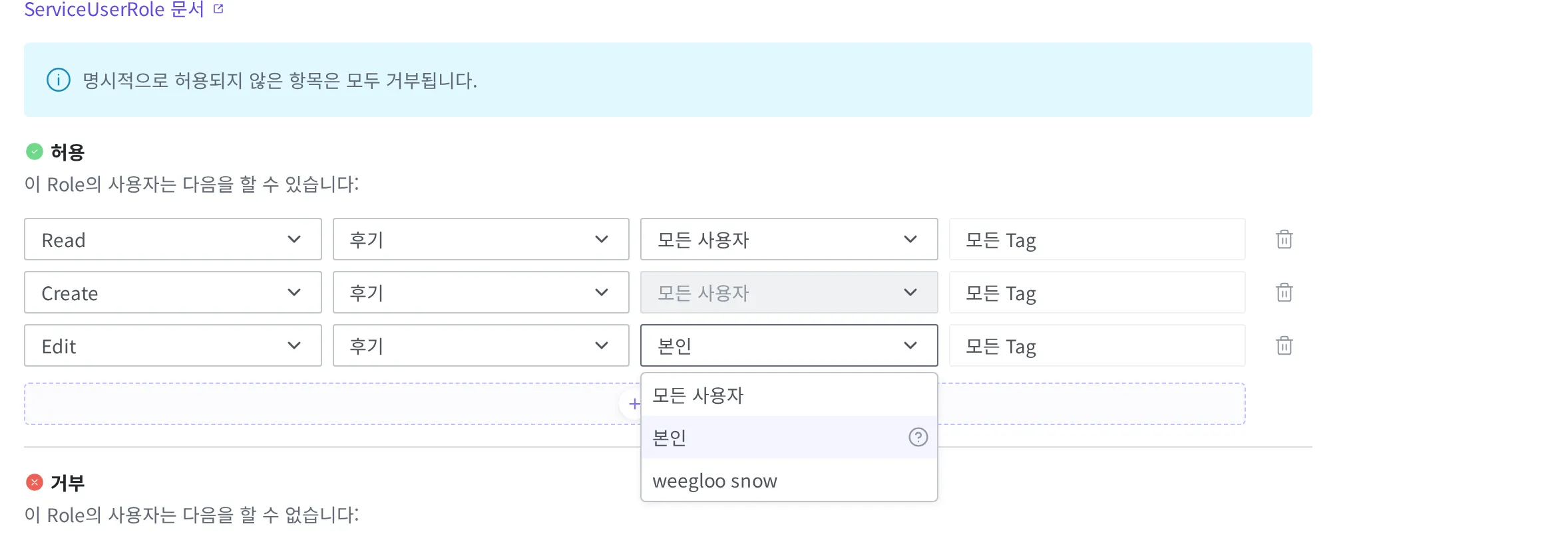 Edit 규칙의 작성자 칸을 연 화면. 모든 사용자·본인과 함께, 지정할 수 있는 사용자 이름이 목록에 보인다