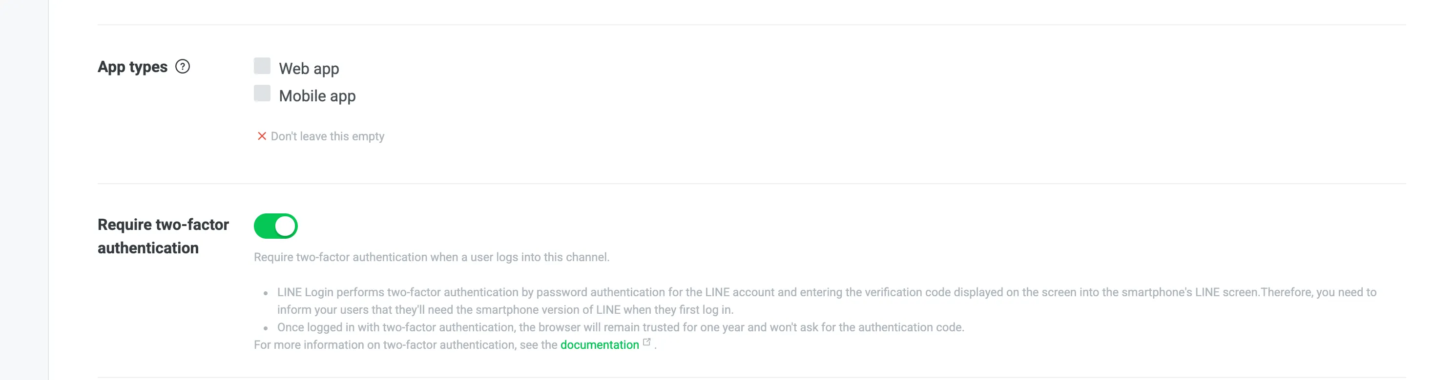 App types 영역. Web app, Mobile app 선택지와 Require two-factor authentication 토글이 보입니다