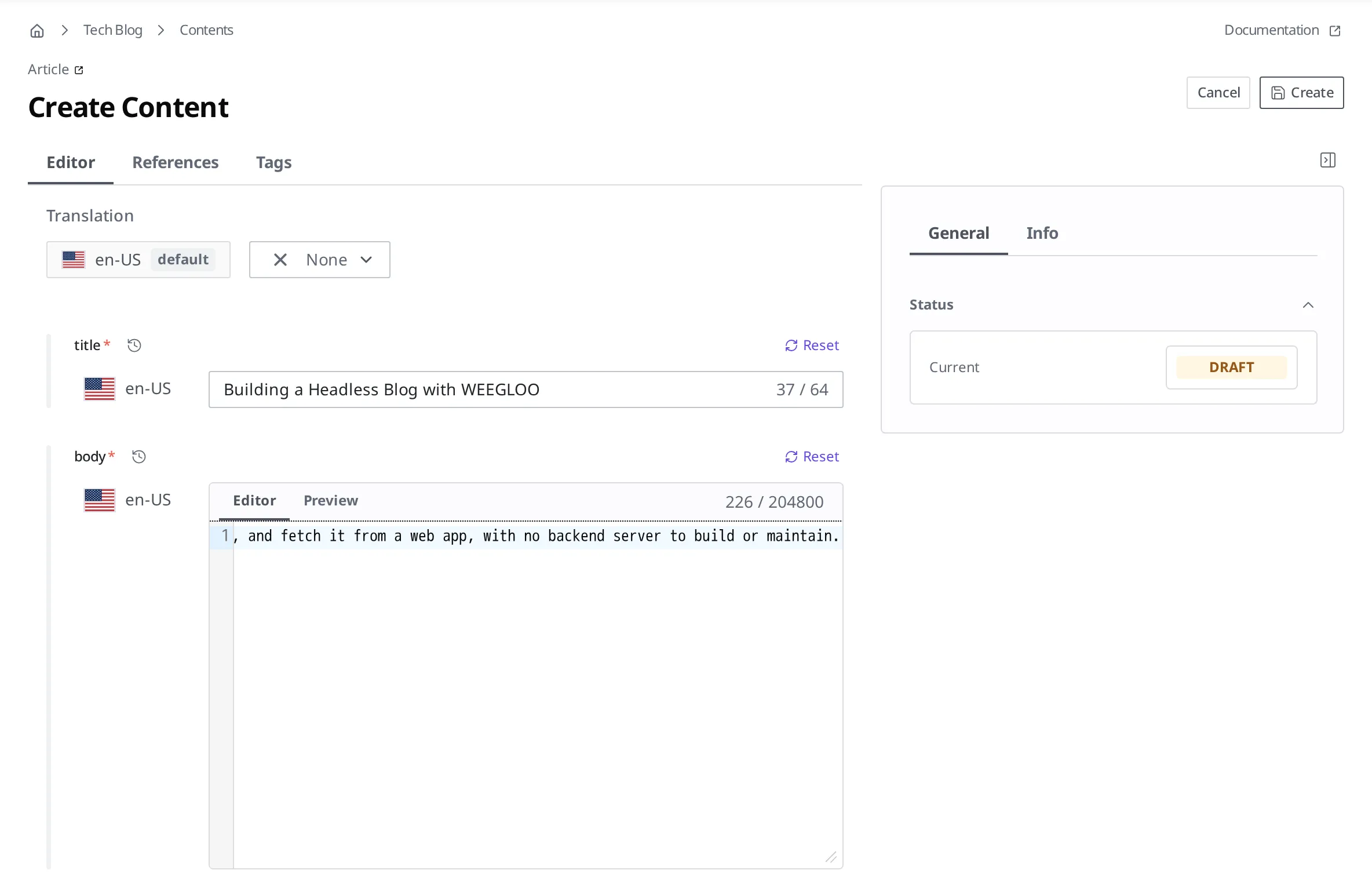 Article의 Create Content 화면. title과 body를 입력한 모습