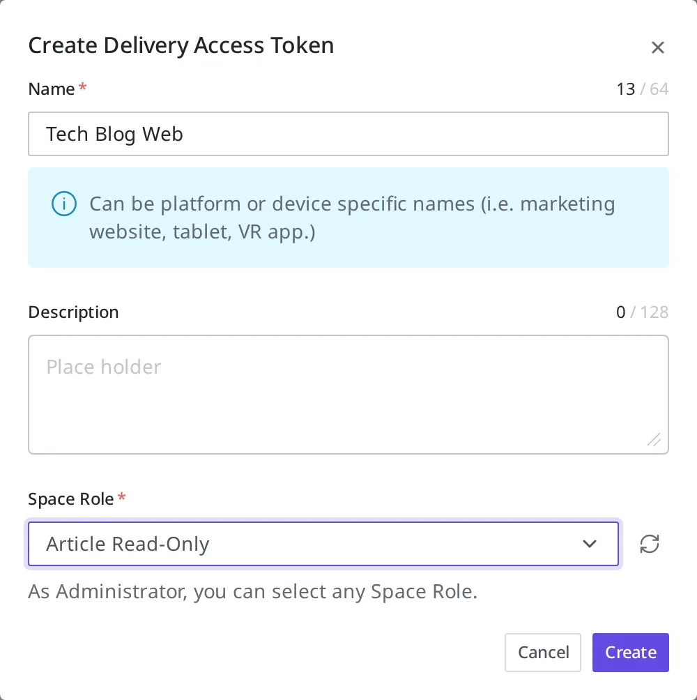 Article Read-Only 역할로 발급한 Delivery Access Token 화면. 토큰 값은 가려져 있습니다