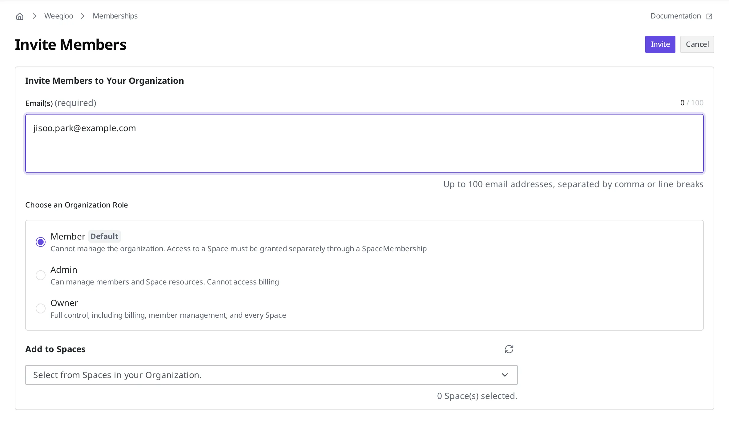 이메일과 Organization Role을 정하고 접근할 Space를 고르는 Organization 초대 화면