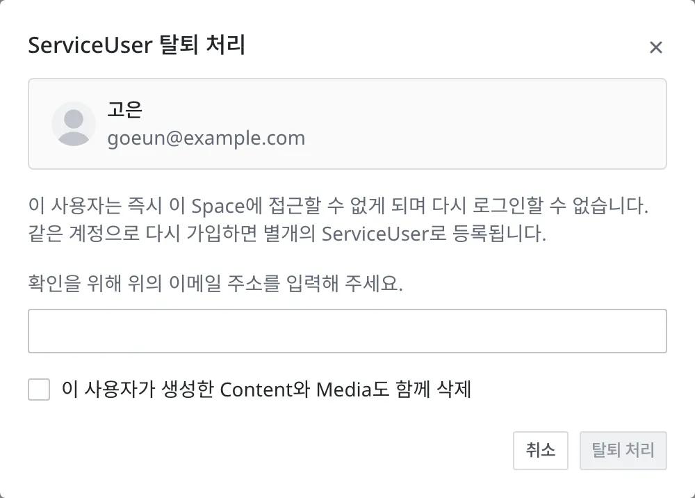 회원 탈퇴 처리 창. 위쪽 카드에 대상 회원(고은·goeun@example.com)이 있고, 그 아래 이메일 확인 입력칸과 "이 사용자가 생성한 Content와 Media도 함께 삭제" 체크박스가 꺼진 채로 보인다
