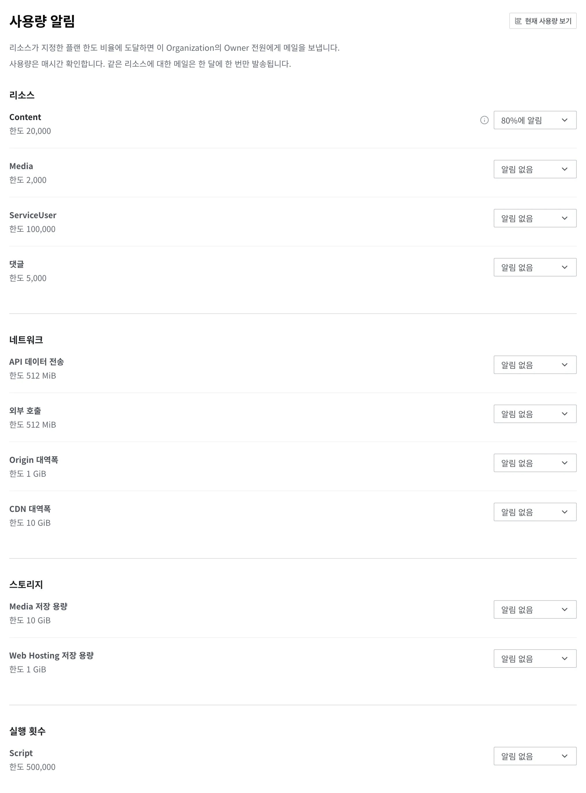 Organization의 사용량 알림 화면. 리소스·네트워크·스토리지·실행 횟수 네 묶음과 항목별 한도, 오른쪽의 비율 선택 상자가 보이고 Content는 80%에 알림으로 설정되어 있습니다