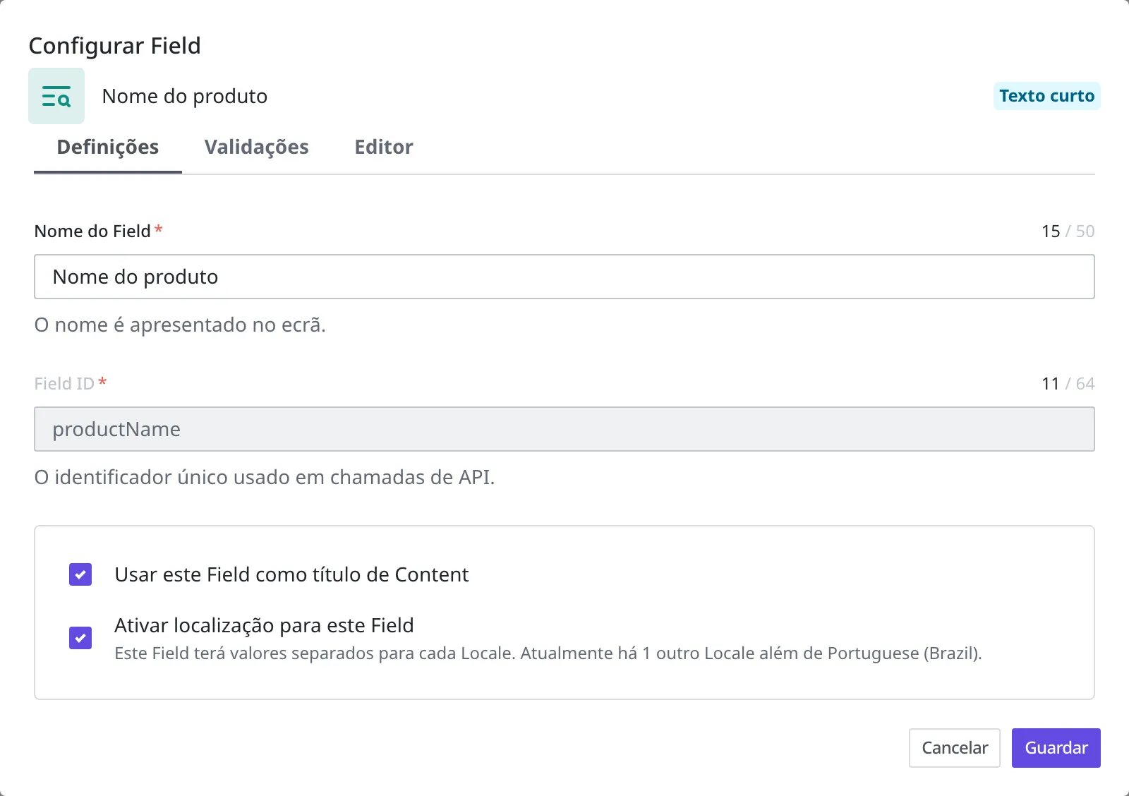 Aba Definições de Configurar Field. A opção Usar este Field como título de Content está ativada