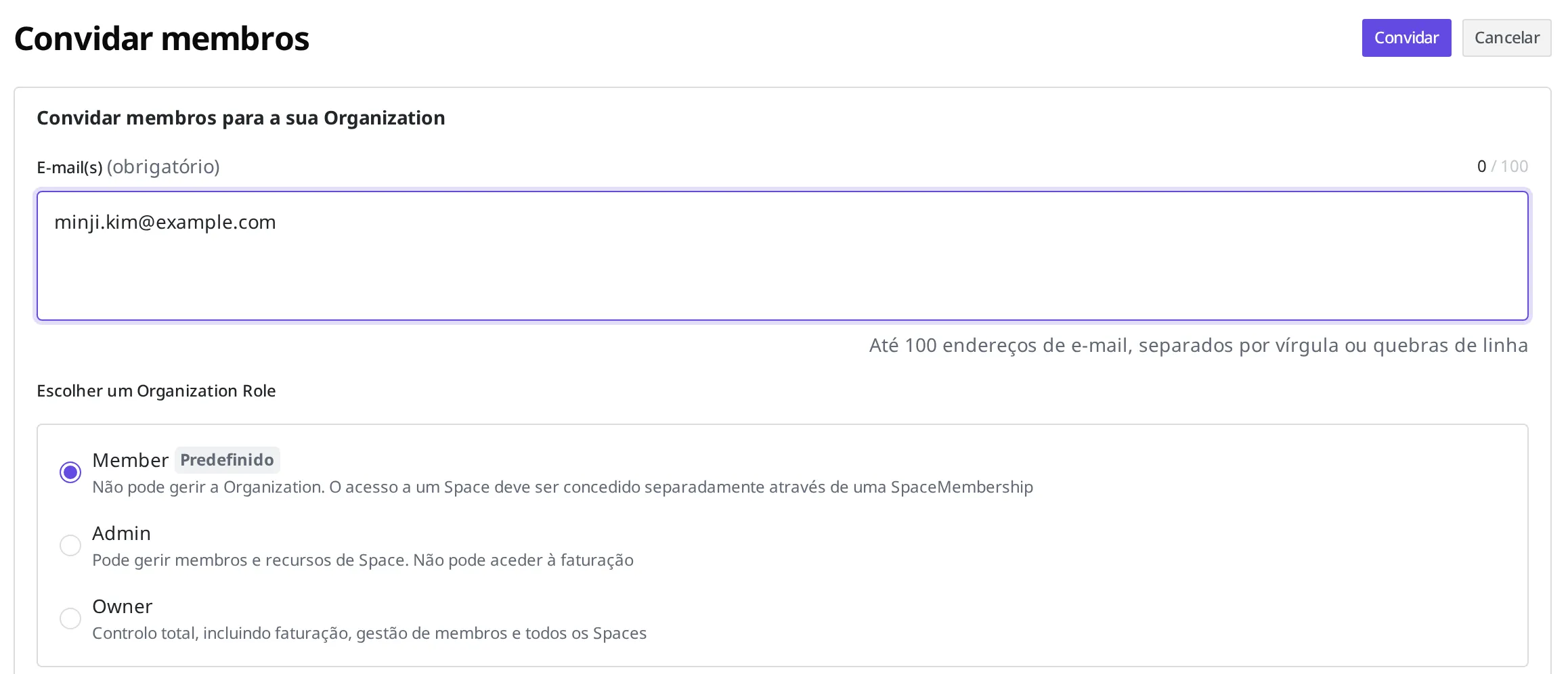 Tela de convite de Member do Organization. O e-mail minji.kim@example.com está digitado e Member está escolhido como Organization Role