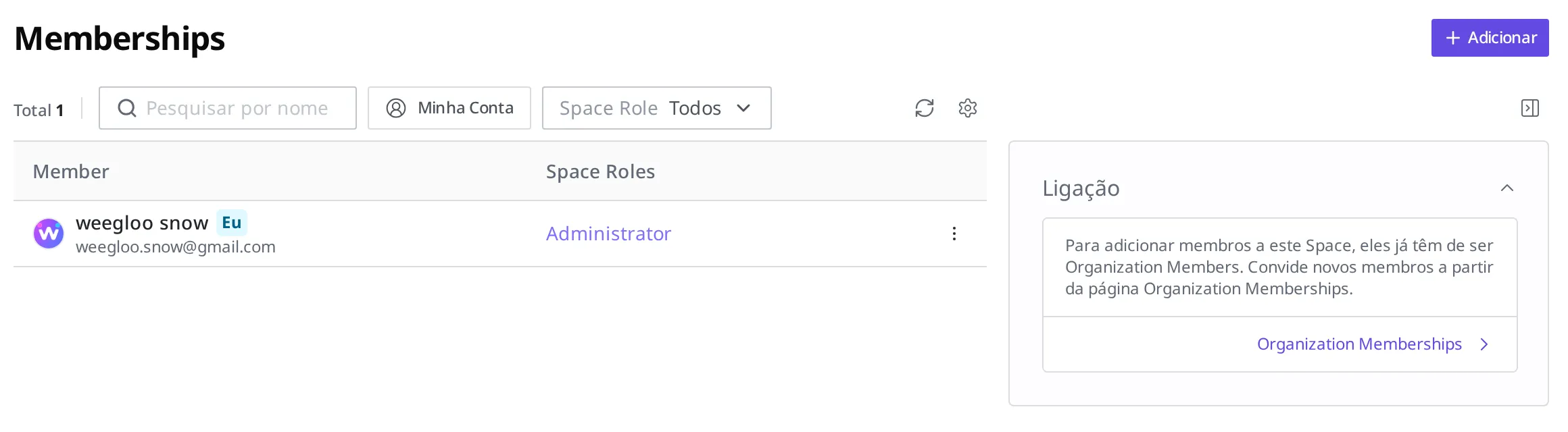 Tela de Membership do Space da loja online. Mostra a lista de Member e Space Role, o botão de adicionar no canto superior direito e o aviso "É preciso ser Organization Member primeiro"