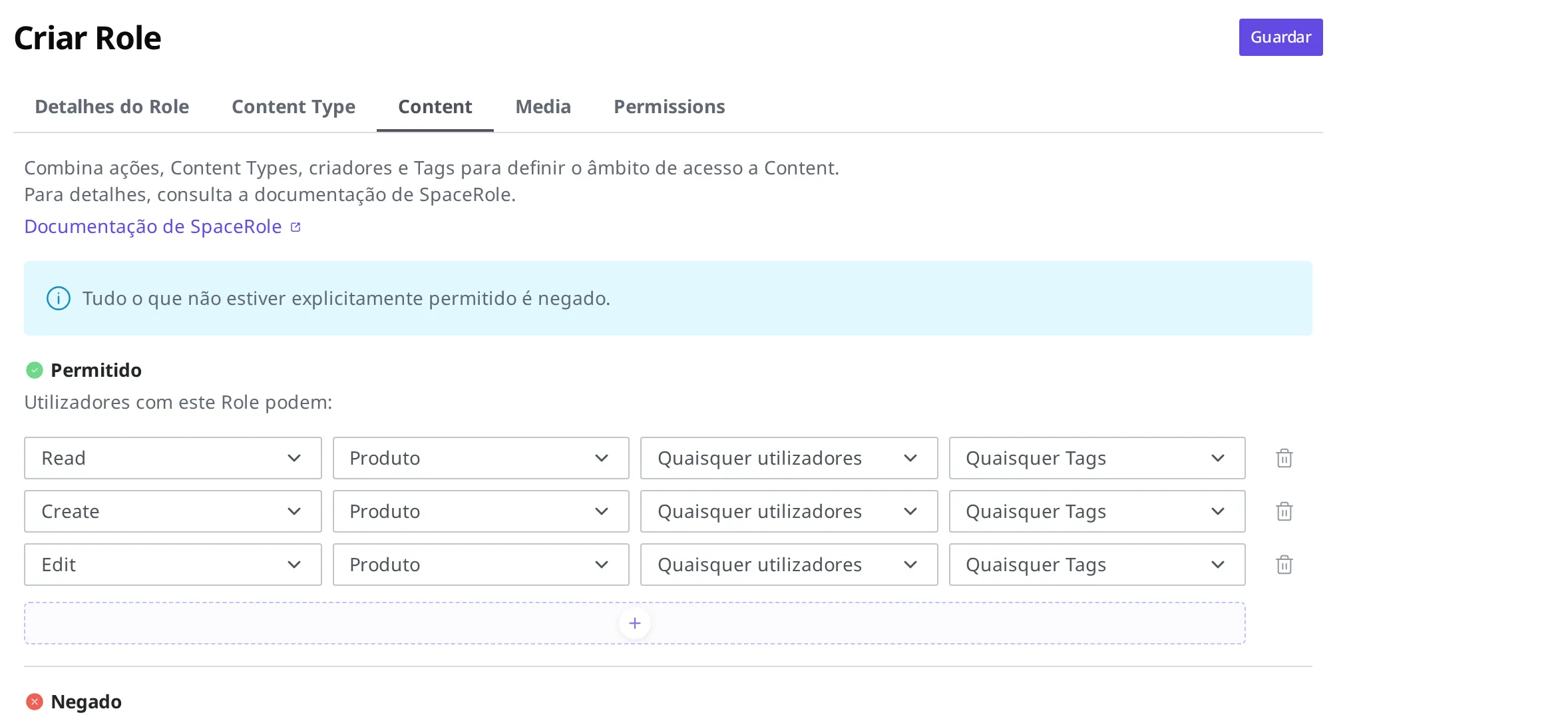A aba de permissões de Content com as três regras Read, Create e Edit permitidas, limitadas a "produto"