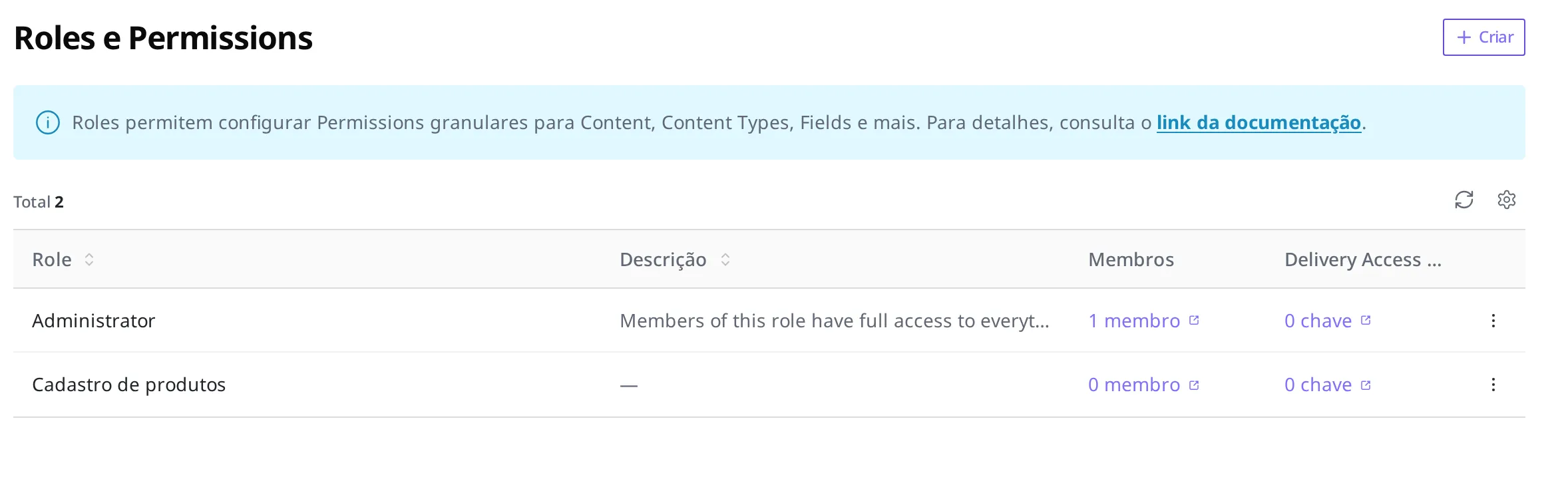 Tela com "Cadastro de produtos" e "Administrator" aparecendo juntos na lista de Role & Permission