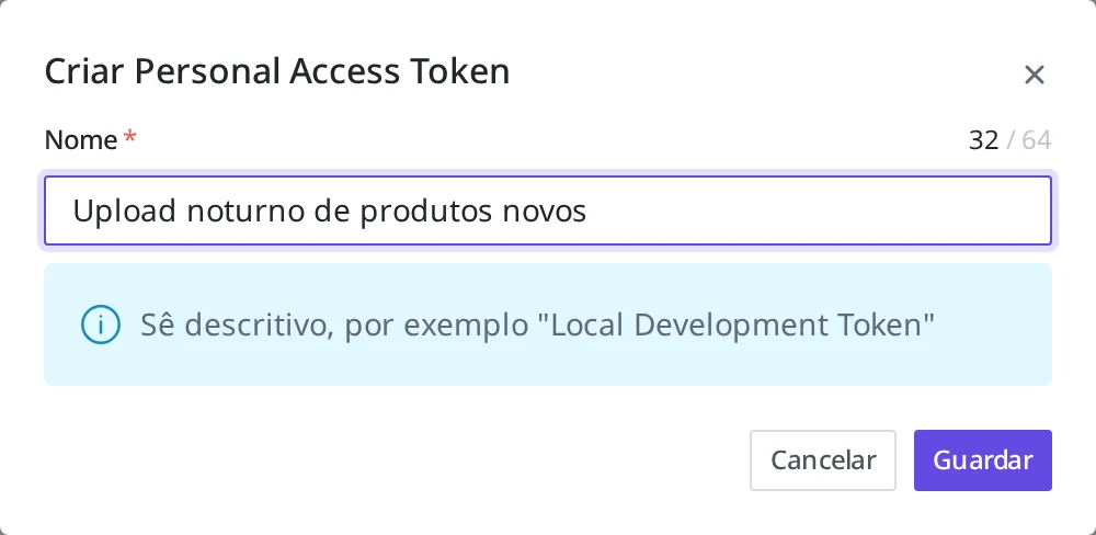 Tela da janela de emissão de Personal Access Token com o nome "Upload noturno de produtos novos" preenchido