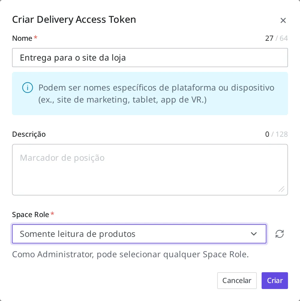 Tela da janela de emissão de Delivery Access Token com o nome preenchido e o papel "Somente leitura de produtos" escolhido