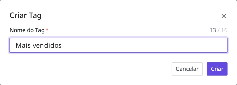 Tela do modal de criação de Tag com o nome "Mais vendidos" digitado