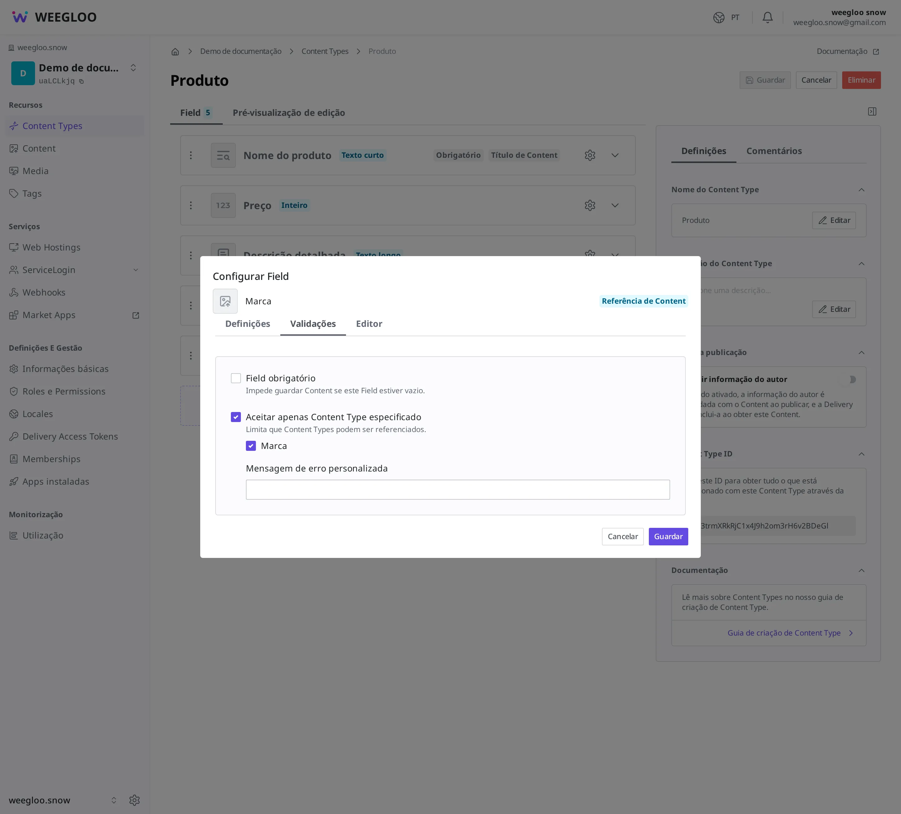 Tela de configurações detalhadas do campo de marca de um produto (Content Reference Field). Na validação, a opção de Content Type de referência está ativada e "Marca" está selecionada