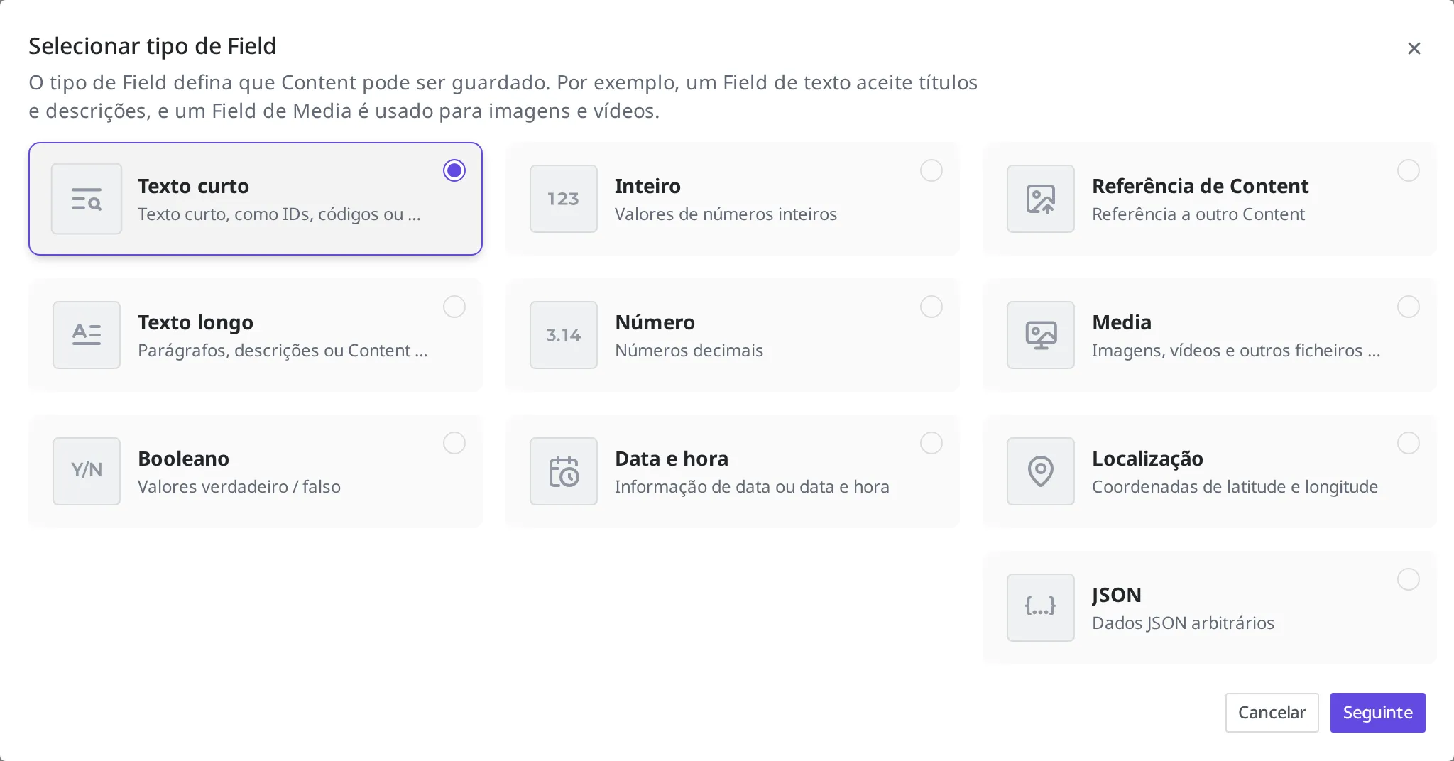 Tela de seleção de tipo de Field. O cartão Short Text está selecionado e há um botão "próximo" no canto inferior direito