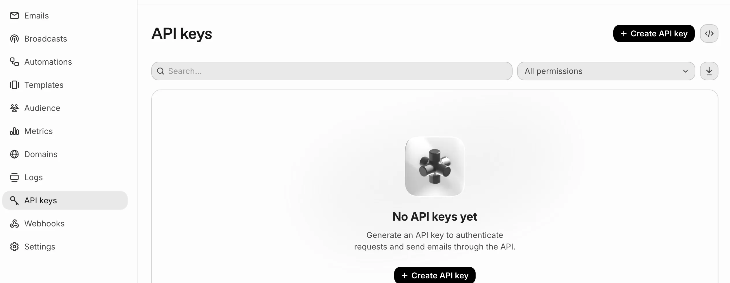 Tela API keys do Resend. Estado vazio, sem nenhuma chave criada, com o botão Create API key no canto superior direito e no centro