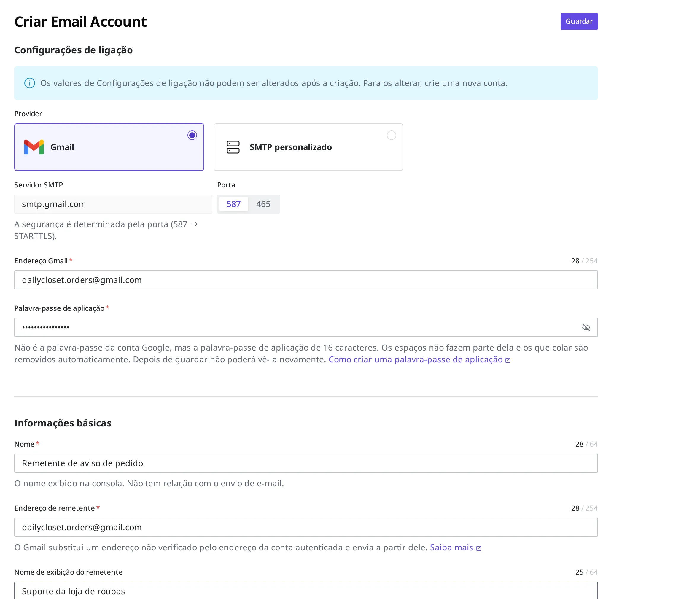 Tela de criação de Email Account. Com Gmail escolhido como Provider, o servidor SMTP e a porta foram preenchidos automaticamente, e os campos endereço Gmail, palavra-passe de aplicação, nome, endereço de remetente e nome de exibição do remetente estão preenchidos