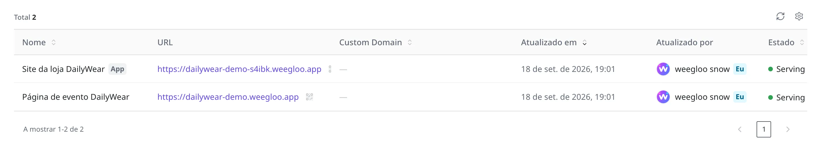 A lista de Web Hosting. "Site da loja DailyWear", que veio de um app, traz a marca App ao lado do nome; "Página de evento DailyWear", publicada diretamente, não traz