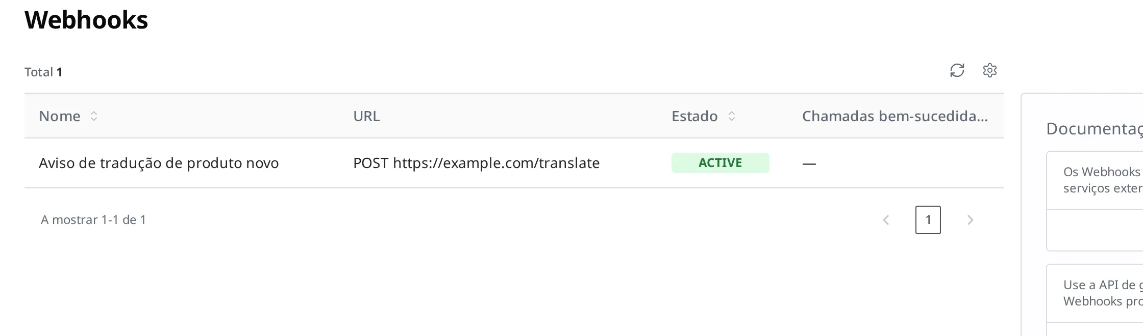 Tela com "Aviso de tradução de produto novo" visível na lista de Webhook no estado ACTIVE