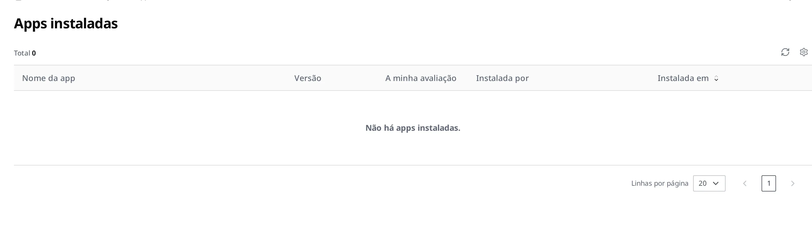 Tela Apps instaladas. Uma lista que exibe as colunas Nome da app, Versão, A minha avaliação, Instalada por e Instalada em (sem aplicativos instalados, aparece como uma lista vazia apenas com os cabeçalhos das colunas e a mensagem "Não há apps instaladas.")