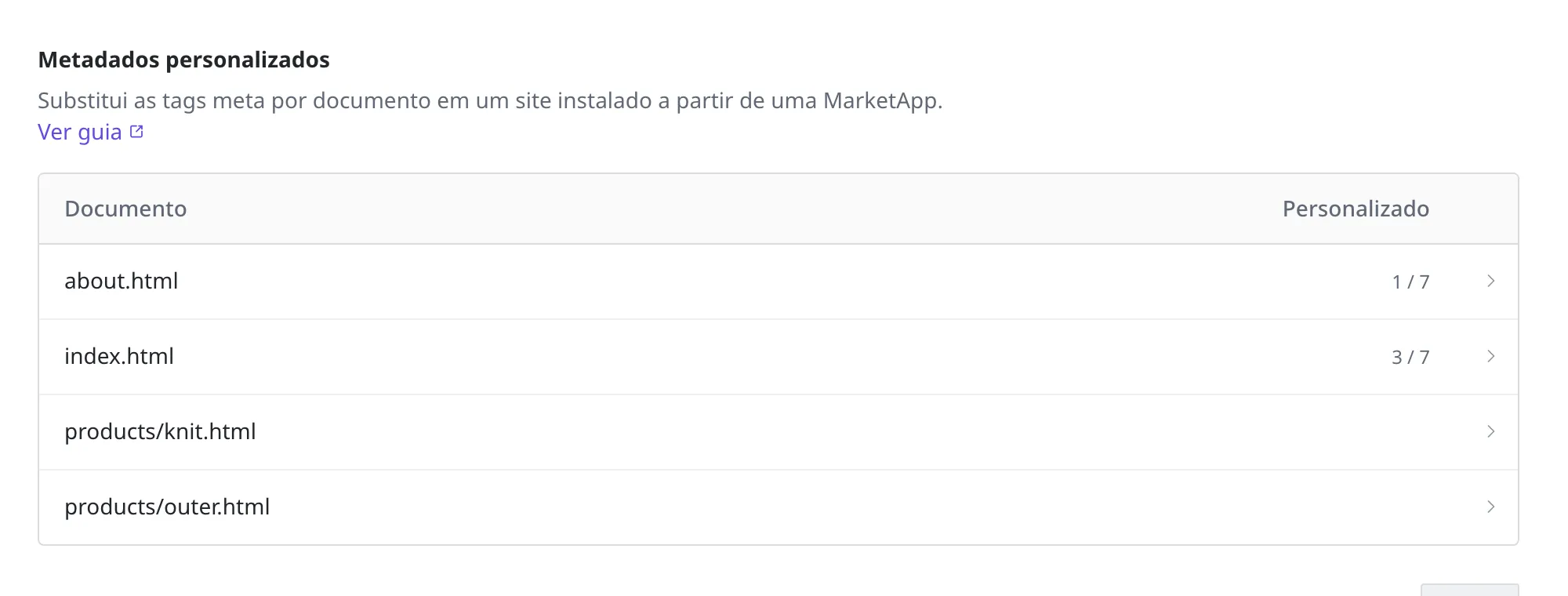 A tabela de metadados personalizados. about.html e index.html mostram 1/7 e 3/7 em campos definidos, enquanto os dois documentos sob products estão vazios