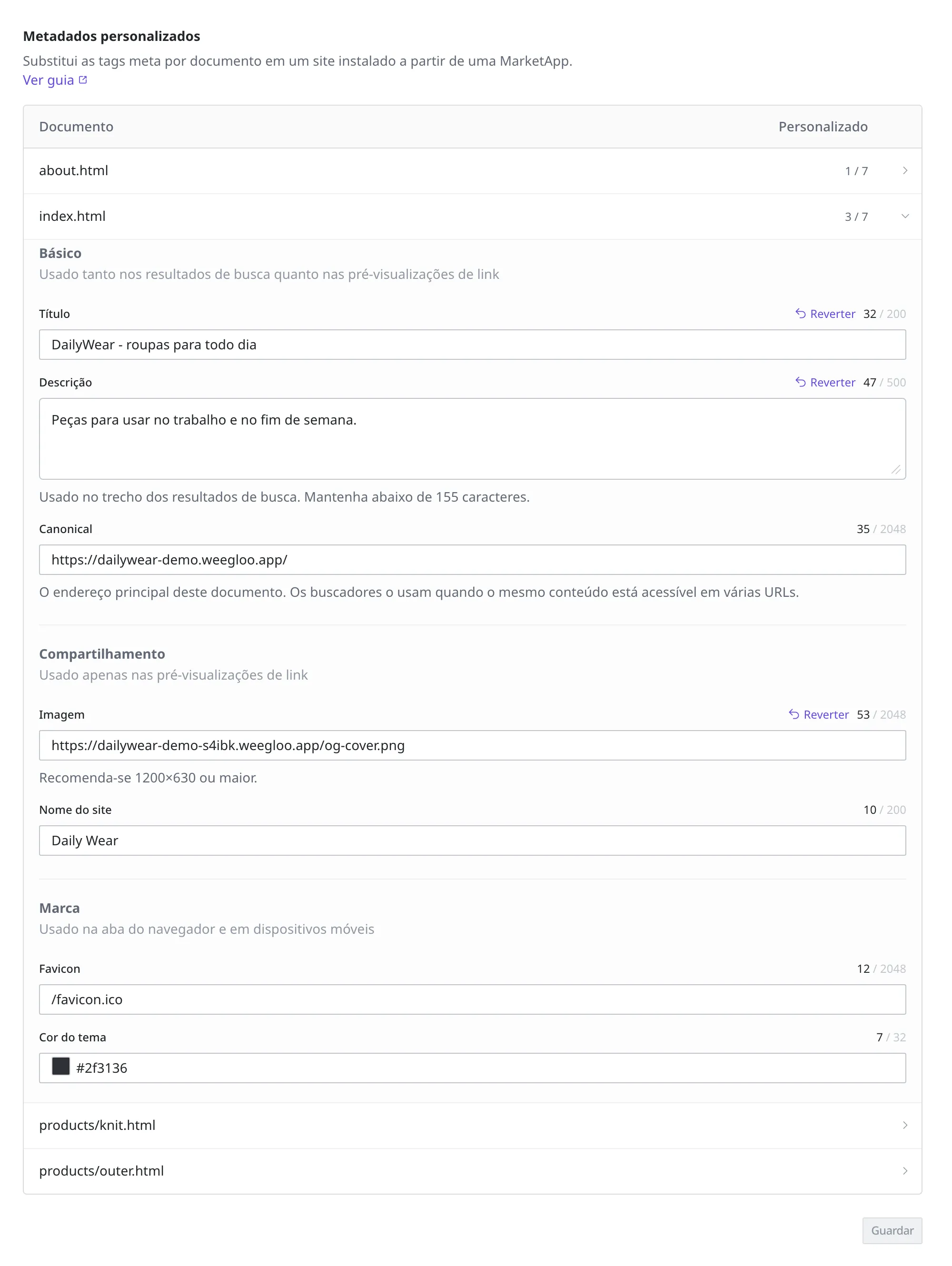 A tela com a linha index.html aberta. Aparecem os campos de três grupos: Básico (Título, Descrição, Canonical), Compartilhamento (Imagem, Nome do site), Marca (Favicon, Cor do tema)
