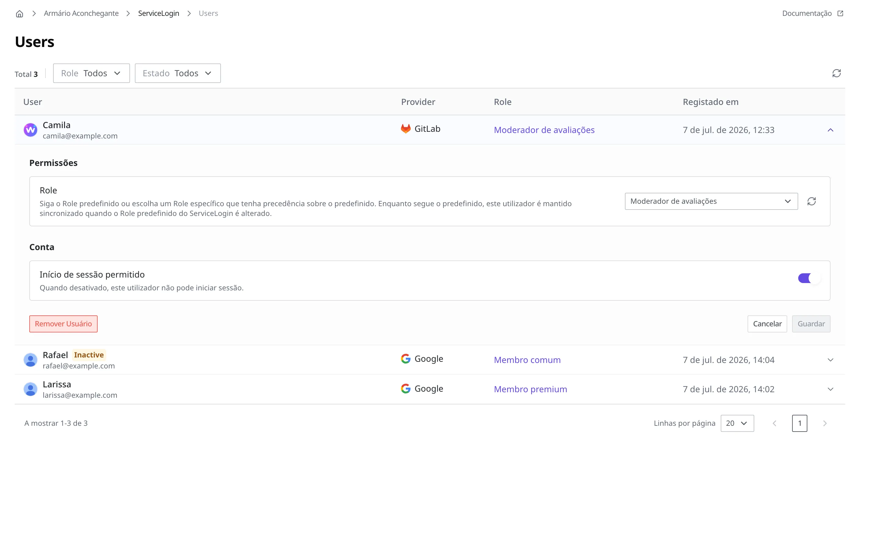 Detalhe da linha de Camila expandida na lista Users. Abaixo do Role da seção de permissões e do Início de sessão permitido da seção de conta, o botão Remover Usuário com borda vermelha fica na extremidade esquerda e os botões Cancelar e Guardar ficam na extremidade direita