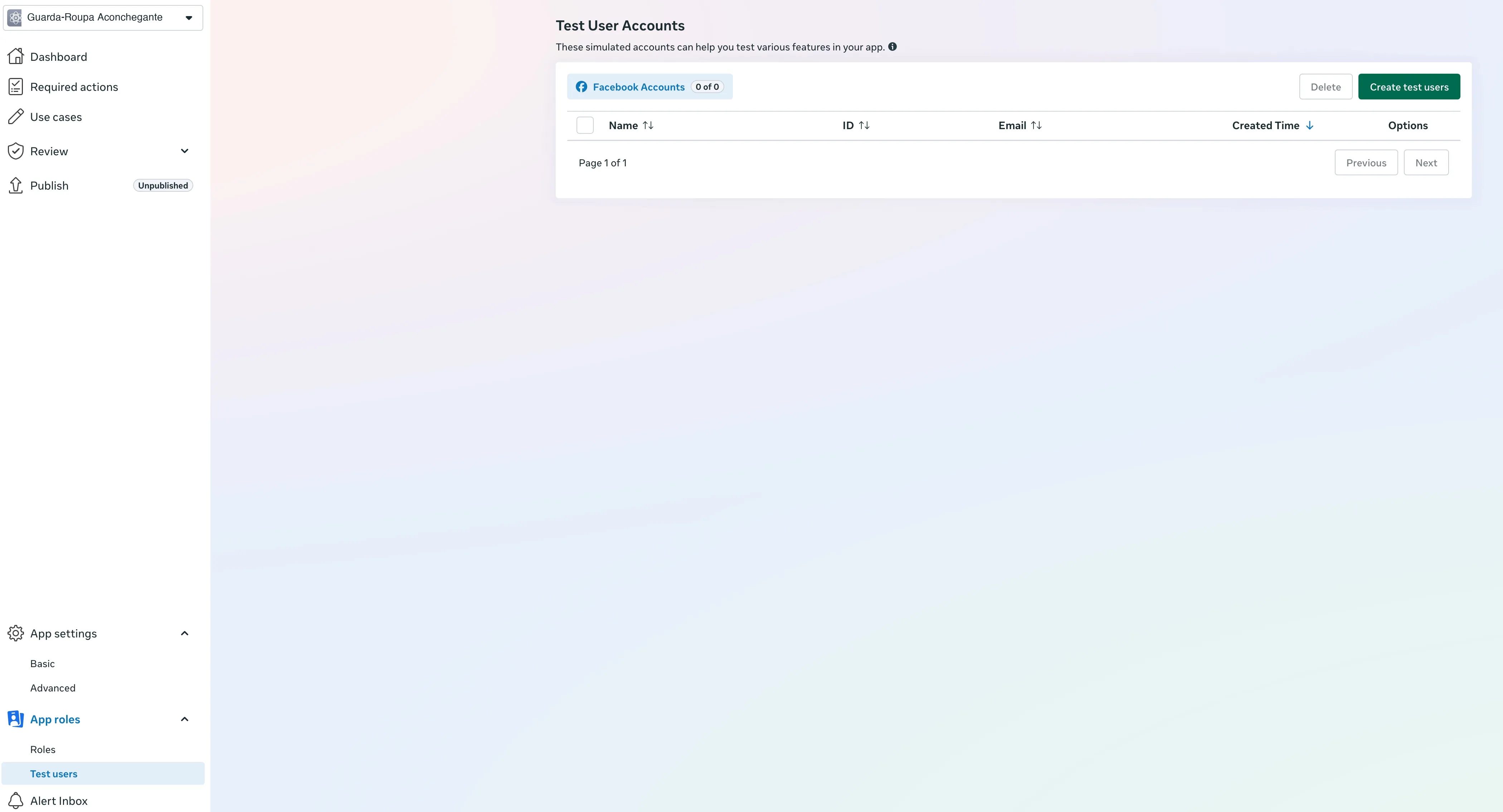 Tela Test users. Ao lado da contagem de contas de Facebook Accounts está o botão Create test users