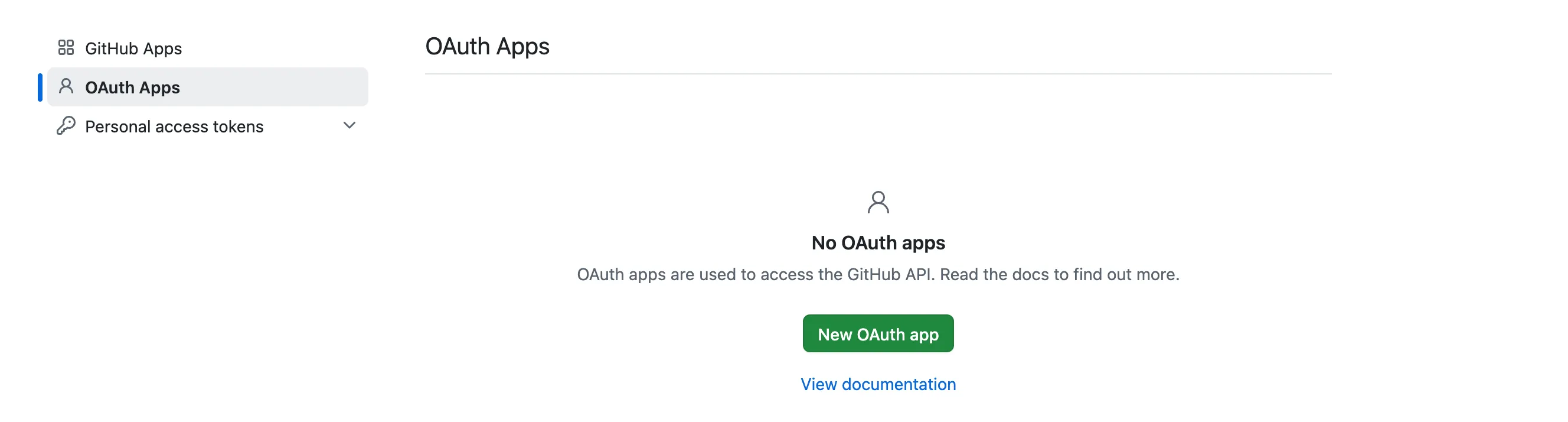 Tela OAuth Apps. No menu à esquerda estão GitHub Apps, OAuth Apps e Personal access tokens, a lista está vazia e aparece o botão New OAuth app