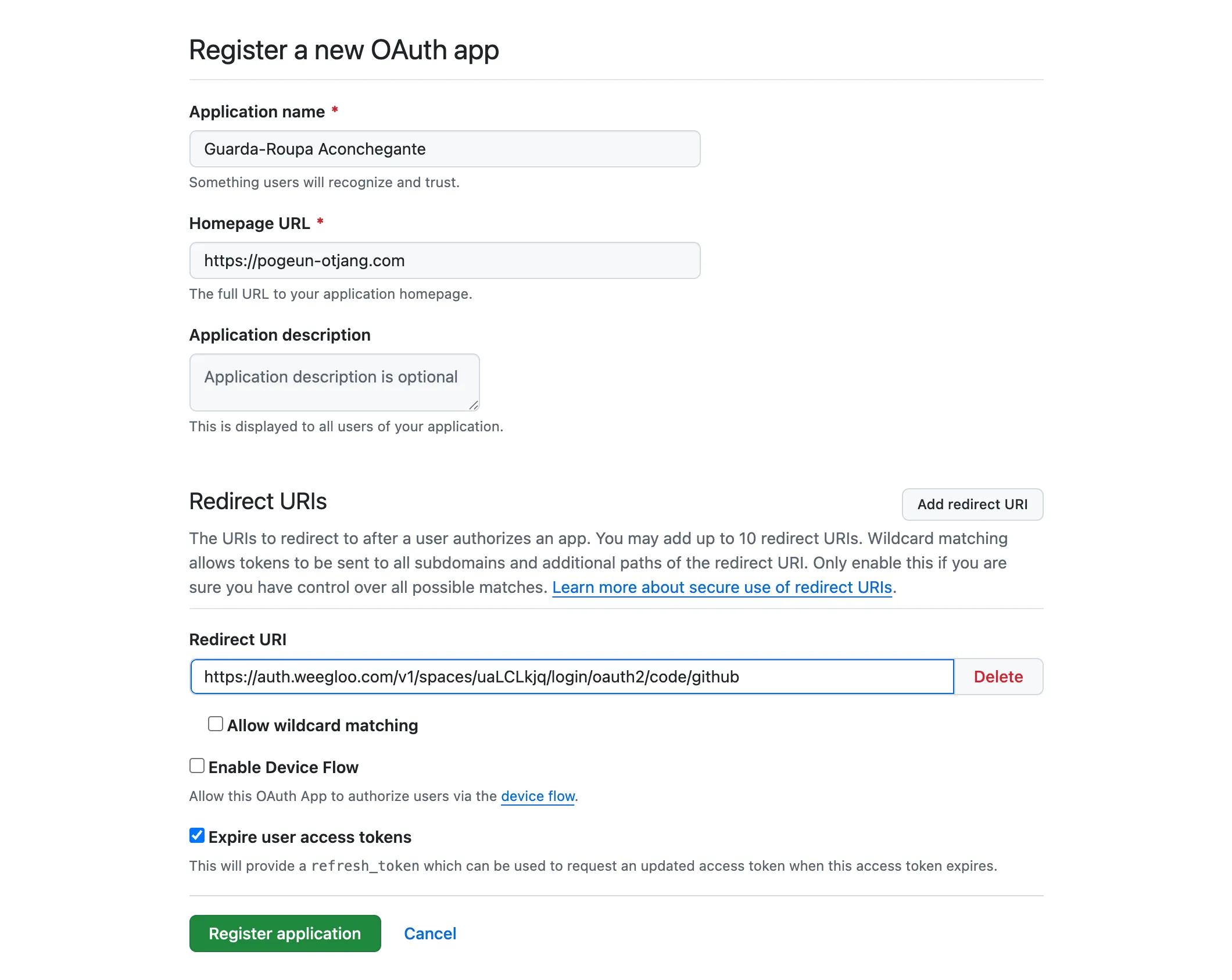 Formulário Register a new OAuth app. Application name está com "Guarda-Roupa Aconchegante", Homepage URL com o endereço do site e Redirect URI com o endereço da WEEGLOO