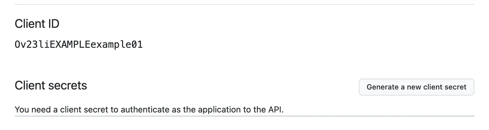 Tela de configuração do app logo após o registro. O valor do Client ID aparece e, à direita do título Client secrets, está o botão Generate a new client secret
