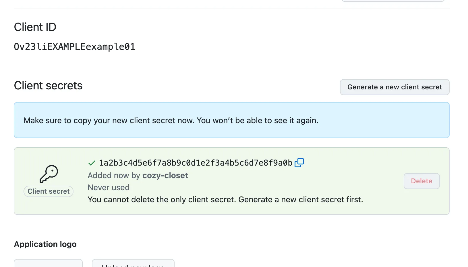 Tela logo após a criação do secret. Junto com o aviso azul aparecem o valor do Client secret e o ícone de cópia
