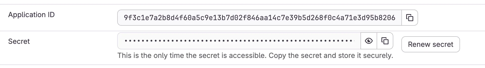Aparecem o valor do Application ID, o Secret oculto, o botão Renew secret ao lado e o aviso de que o Secret só pode ser visto neste momento