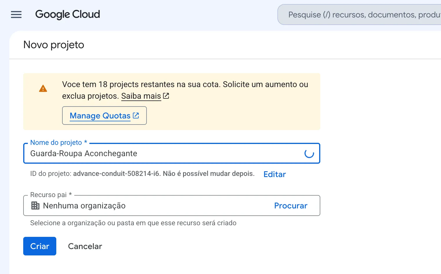 Tela de novo projeto. "Guarda-Roupa Aconchegante" está digitado no nome do projeto e abaixo há o botão Criar