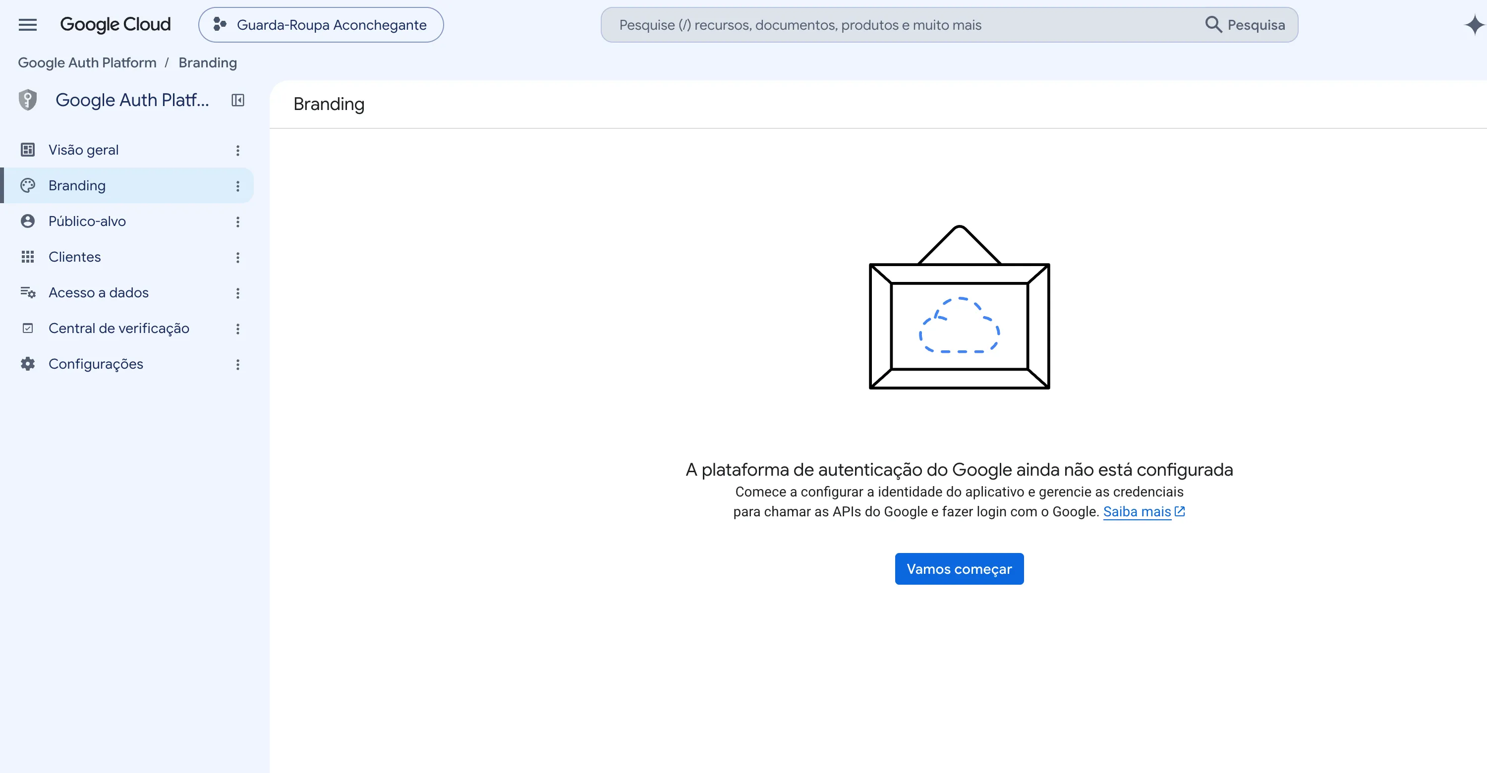 Tela Branding do Google Auth Platform. Aparecem o aviso "A plataforma de autenticação do Google ainda não está configurada" e o botão Vamos começar