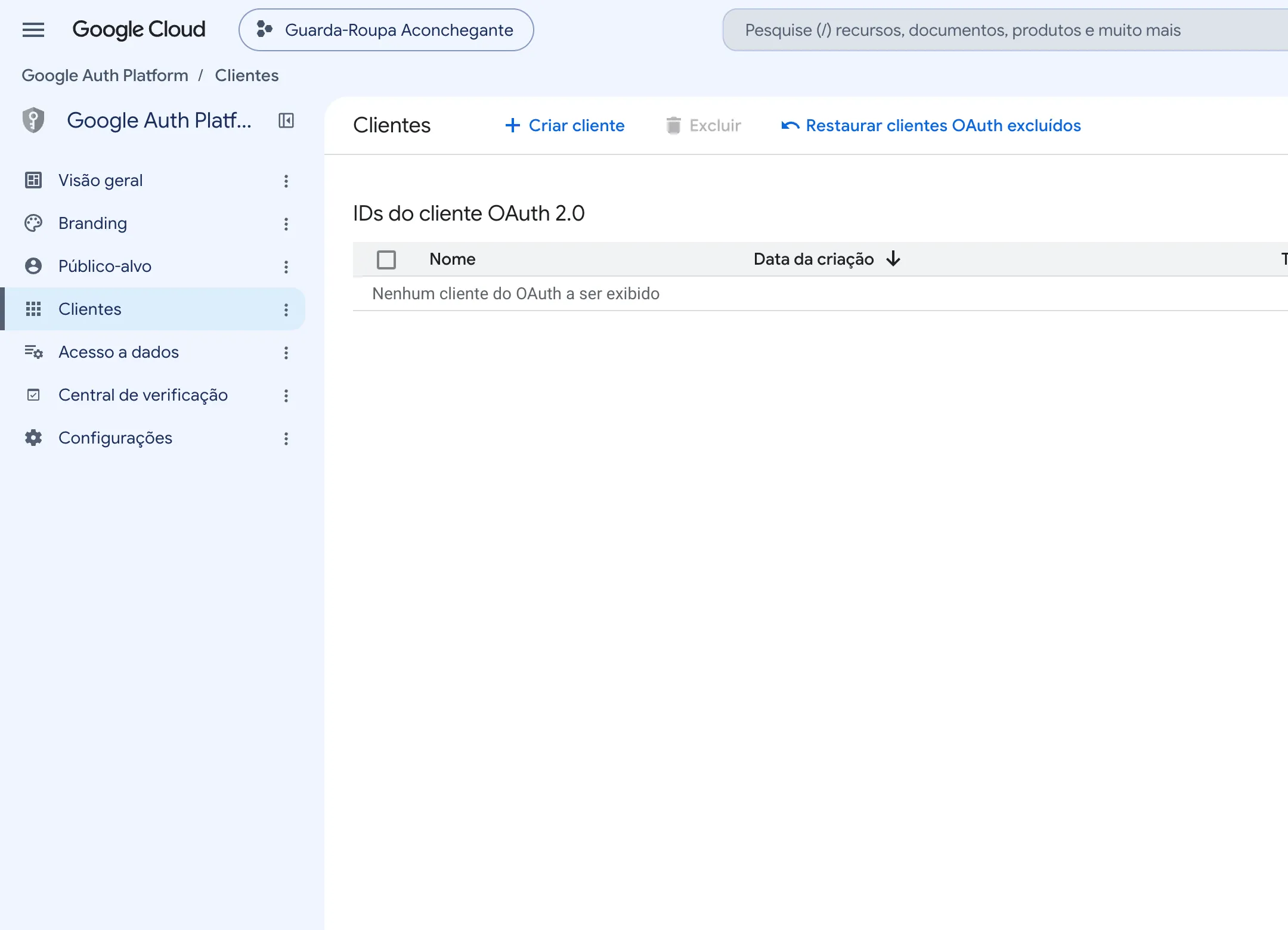 Tela Clientes. A lista de IDs do cliente OAuth 2.0 está vazia e acima dela aparece Criar cliente