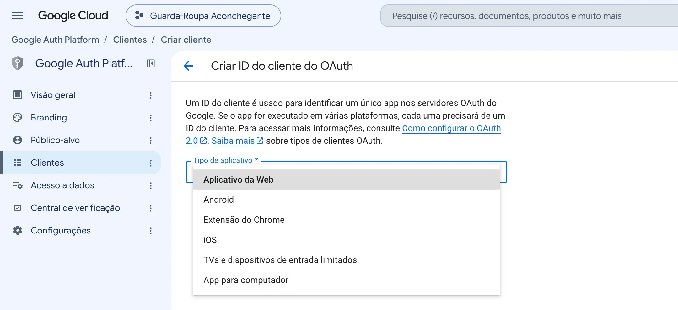 A lista suspensa de tipo de aplicativo está aberta, mostrando seis tipos, entre eles Aplicativo da Web