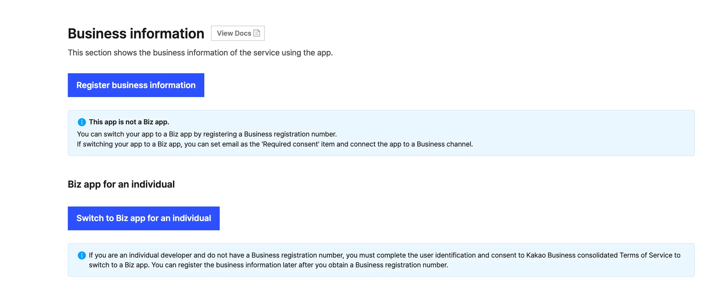 Seção Business information. Há o botão Register business information e o aviso "This app is not a Biz app." e, abaixo, o botão Switch to Biz app for an individual