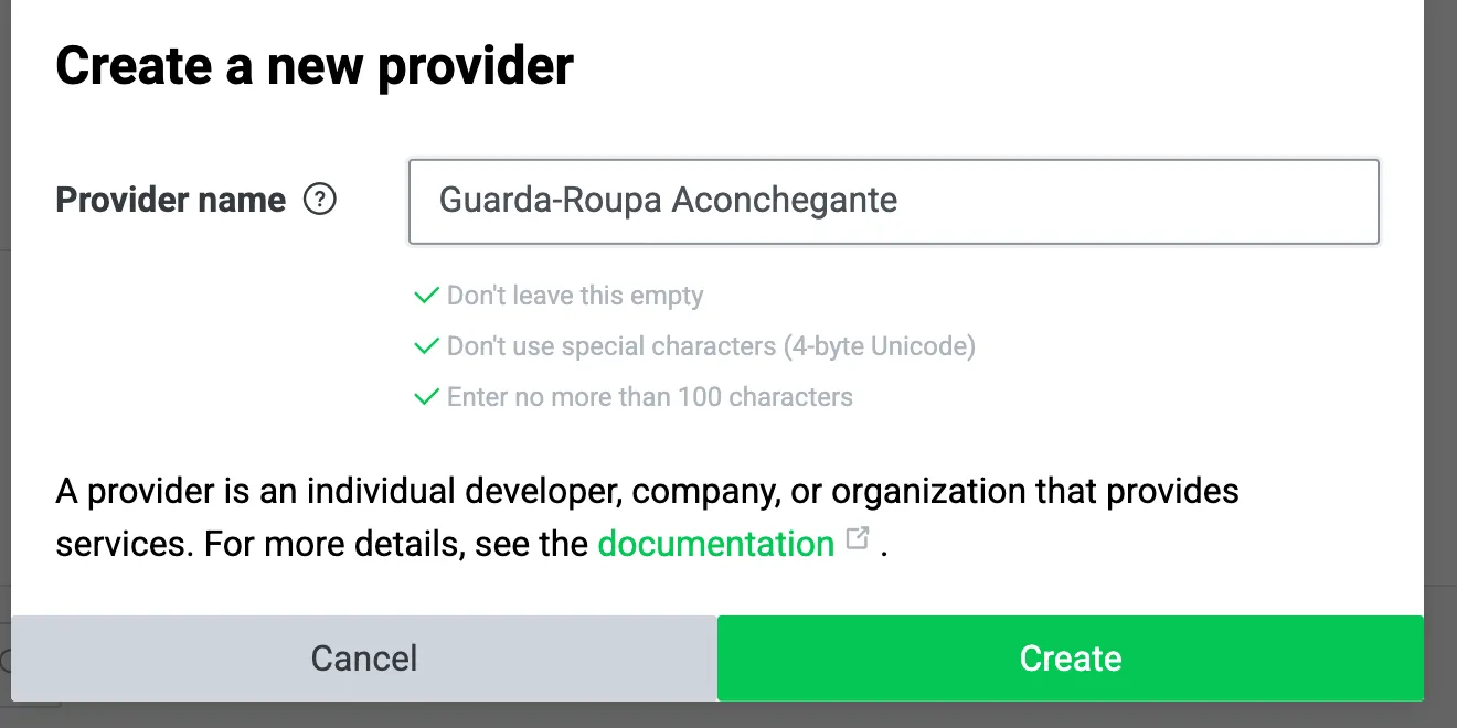 Janela de criação do provider. O campo Provider name está com o nome da loja e abaixo estão os botões Cancel e Create