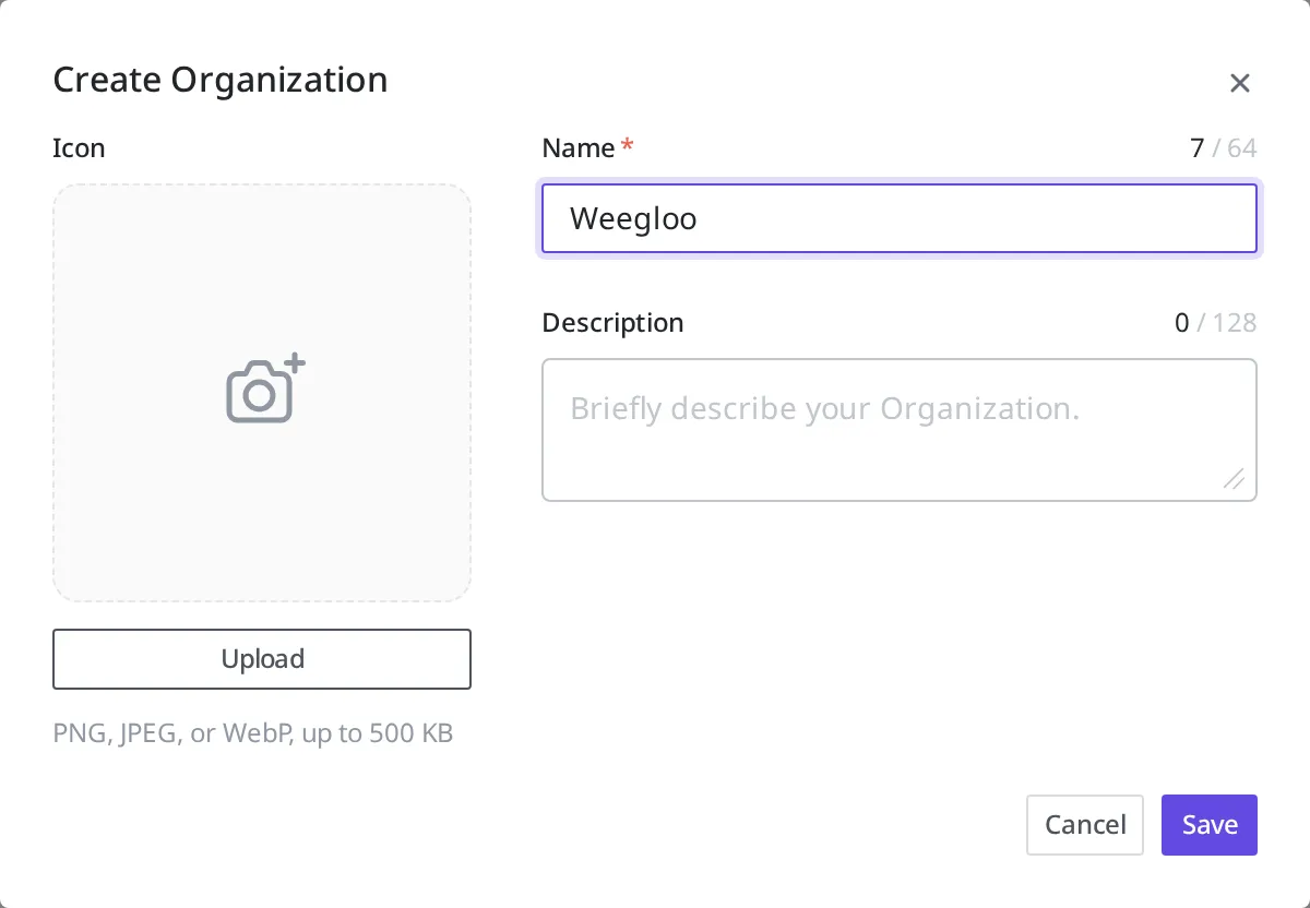 Diálogo Create Organization. O campo Name com "Weegloo" digitado