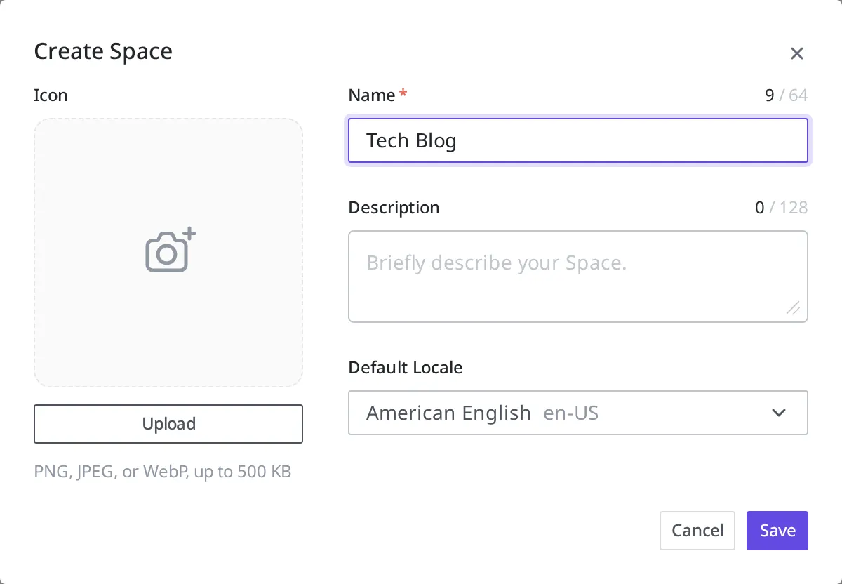 Diálogo Create Space. O campo Name com "Tech Blog" digitado e o Default Locale como American English (en-US)