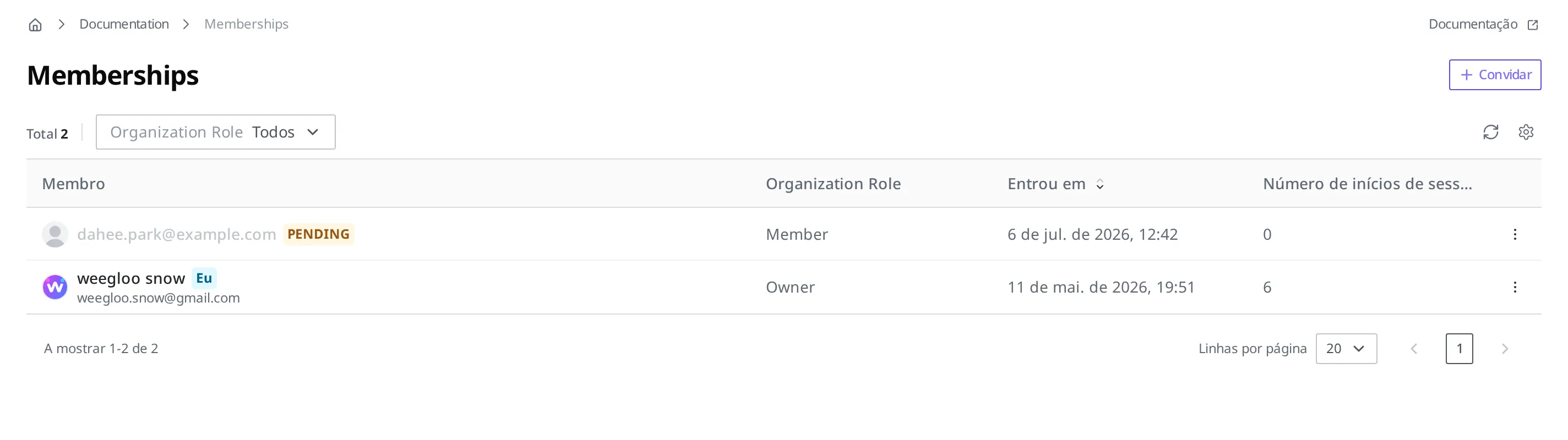 Tela Memberships da Organization. weegloo snow (Owner) e o convidado dahee.park@example.com (Organization Role: Member) aparecem com o status PENDING, e há um botão Convidar no canto superior direito