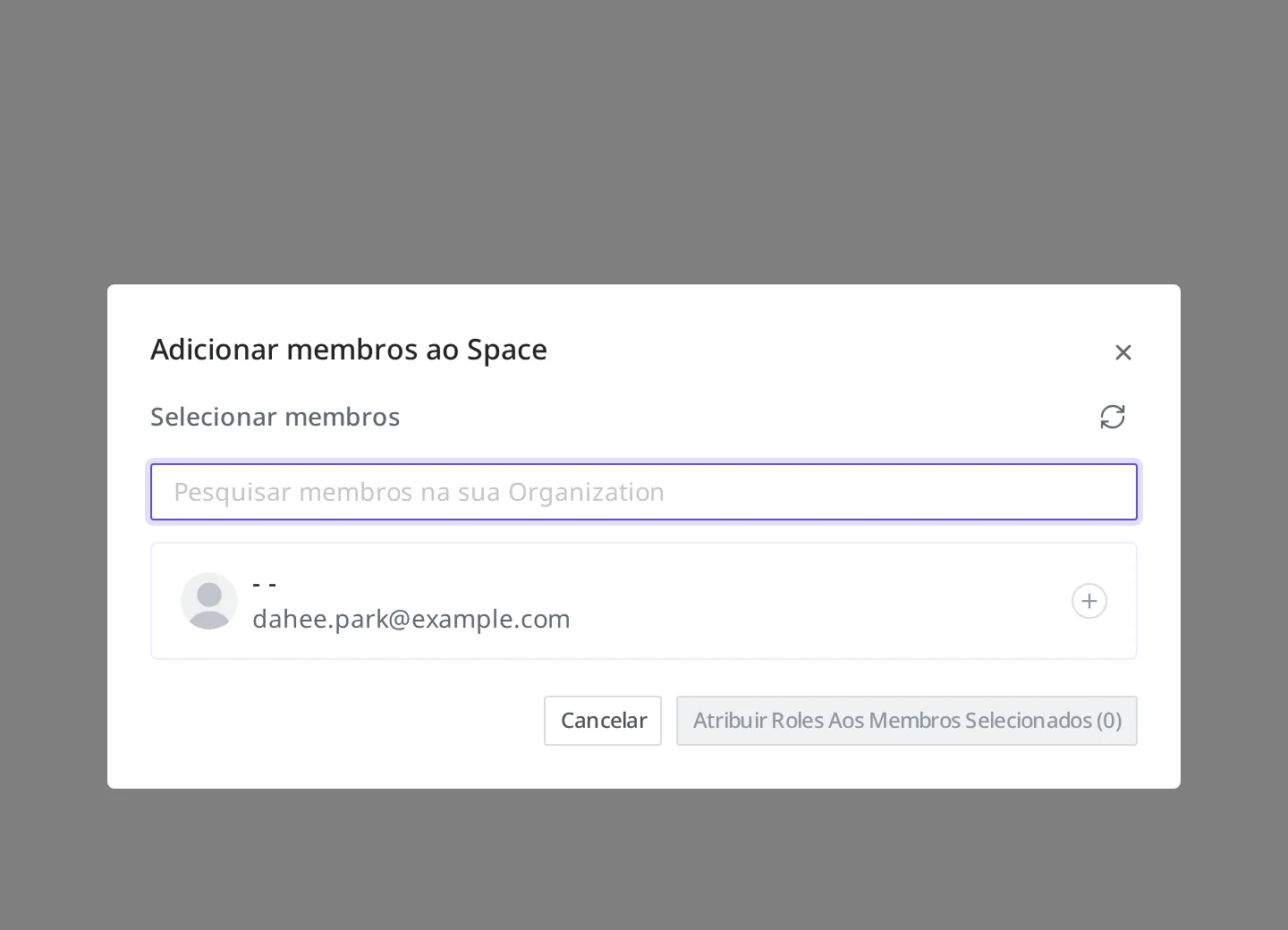 Caixa de diálogo Adicionar membros ao Space. Na tela Selecionar membros, é possível pesquisar Members dentro da Organization, e dahee.park@example.com aparece como alvo da seleção