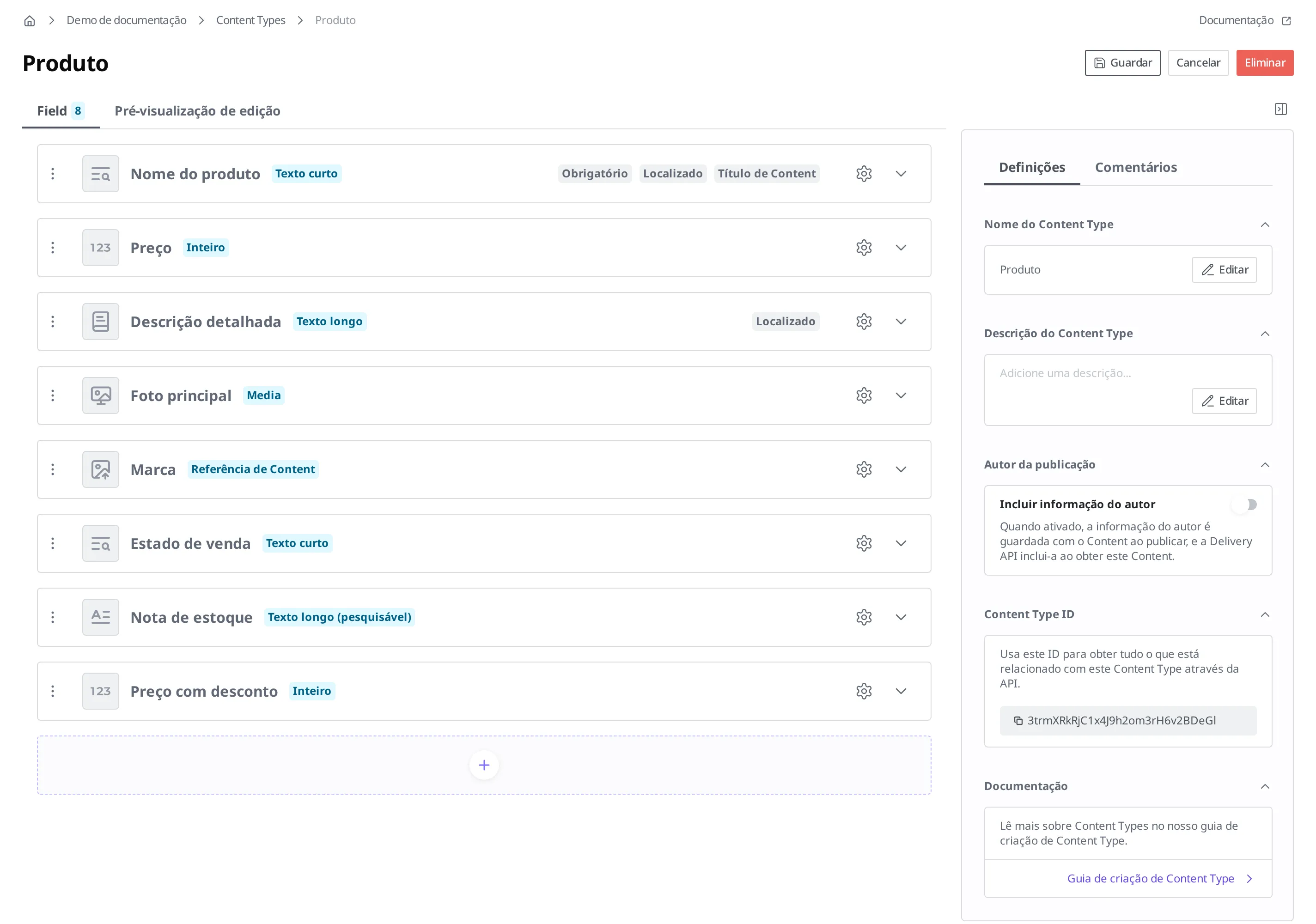 Tela de edição do Content Type Produto após concluir a adição do Field Preço com desconto. No fim da lista de Fields foi adicionado Preço com desconto (Inteiro), totalizando 8 Fields, e o botão Guardar no canto superior direito passou para o estado ativo