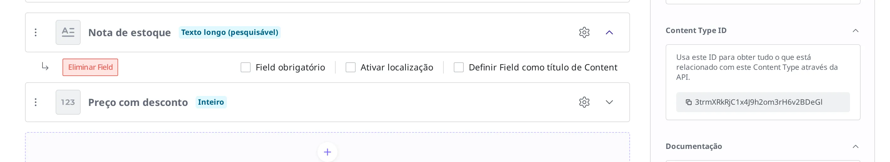 Linha do Field Nota de estoque expandida. À esquerda, aparecem lado a lado o botão vermelho Eliminar Field e as caixas de seleção Field obrigatório, Ativar localização e Definir Field como título de Content