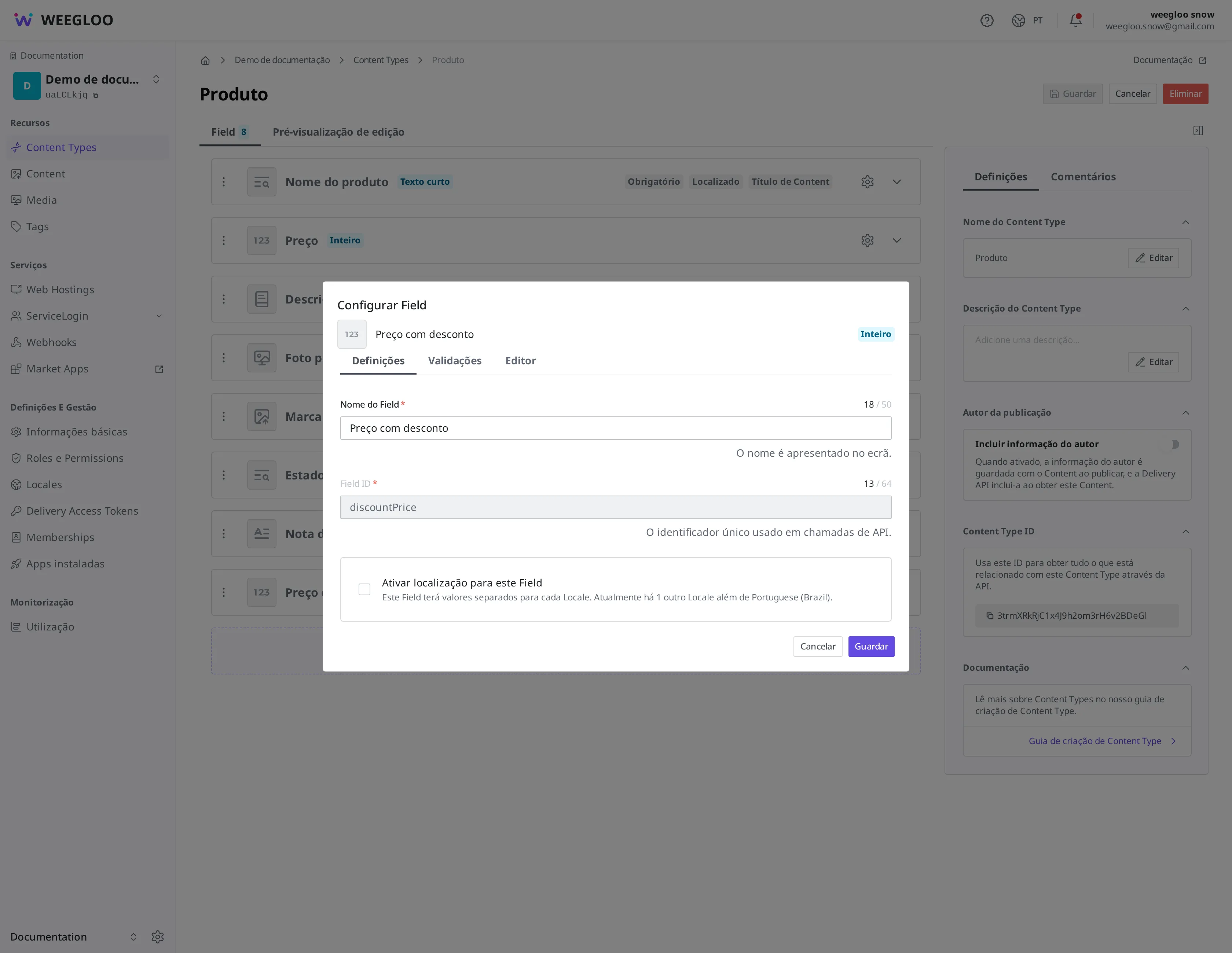 Janela Configurar Field, aba Definições, do Field Preço com desconto. O campo de nome do Field permite alterar o valor, enquanto o campo Field ID fica cinza e desativado, sem permitir alterar "discountPrice"