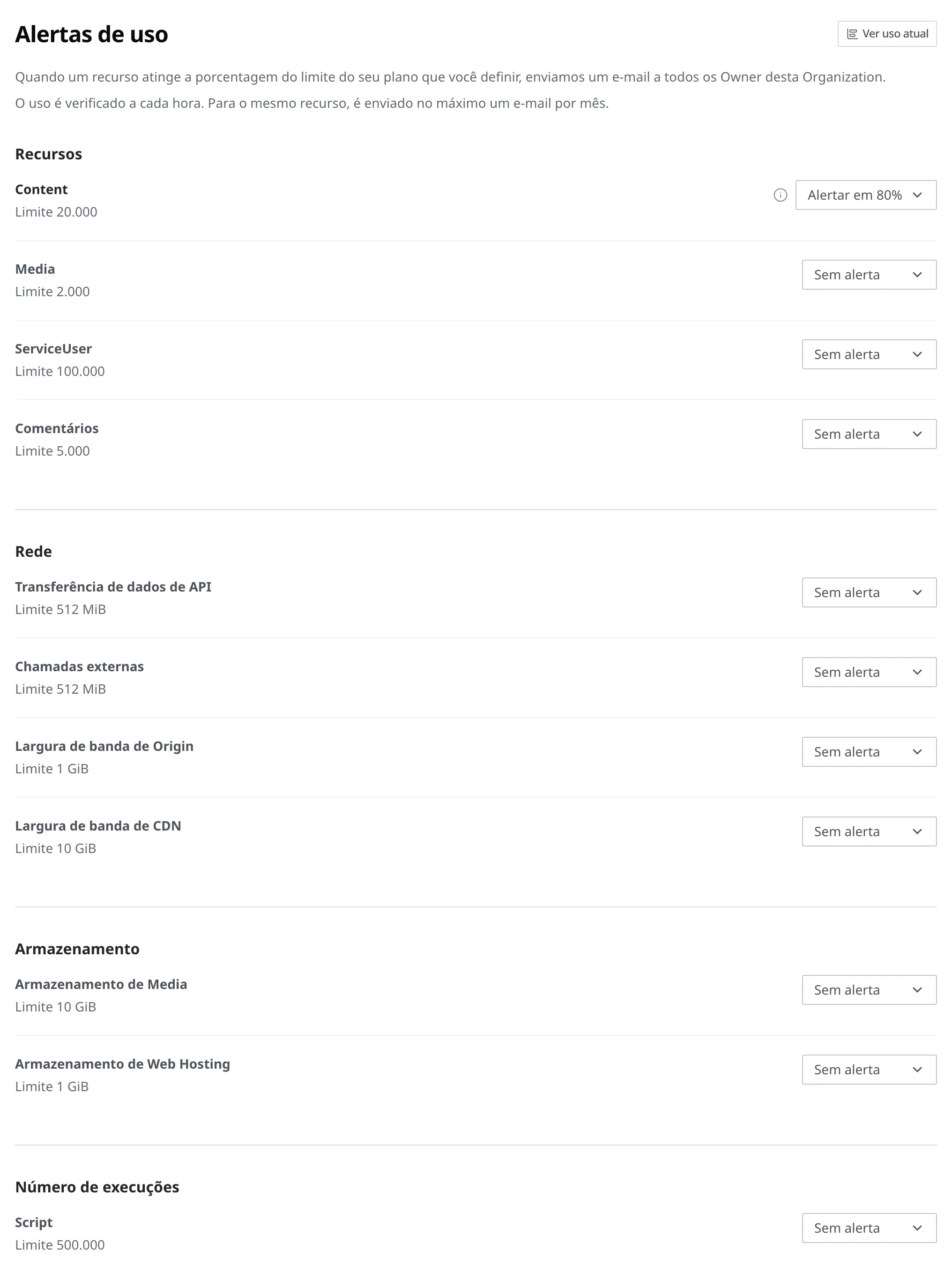 A tela Alertas de uso de uma Organization. Aparecem os quatro grupos (Recursos, Rede, Armazenamento e Número de execuções), o limite de cada item e a caixa de seleção de porcentagem à direita, com Content definido para alertar em 80%
