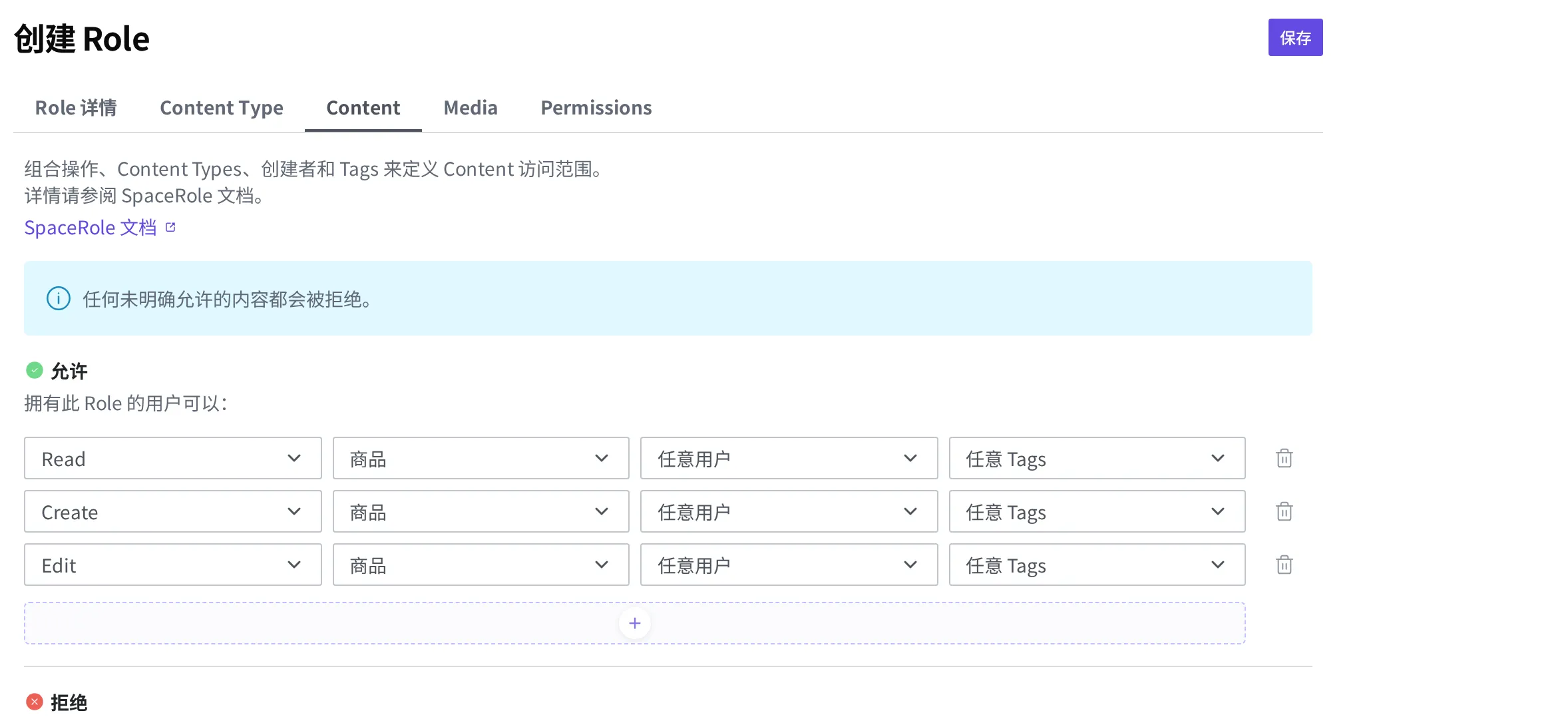 Content 权限标签页中,将 Read、Create、Edit 三条规则限定为"商品"并允许的状态