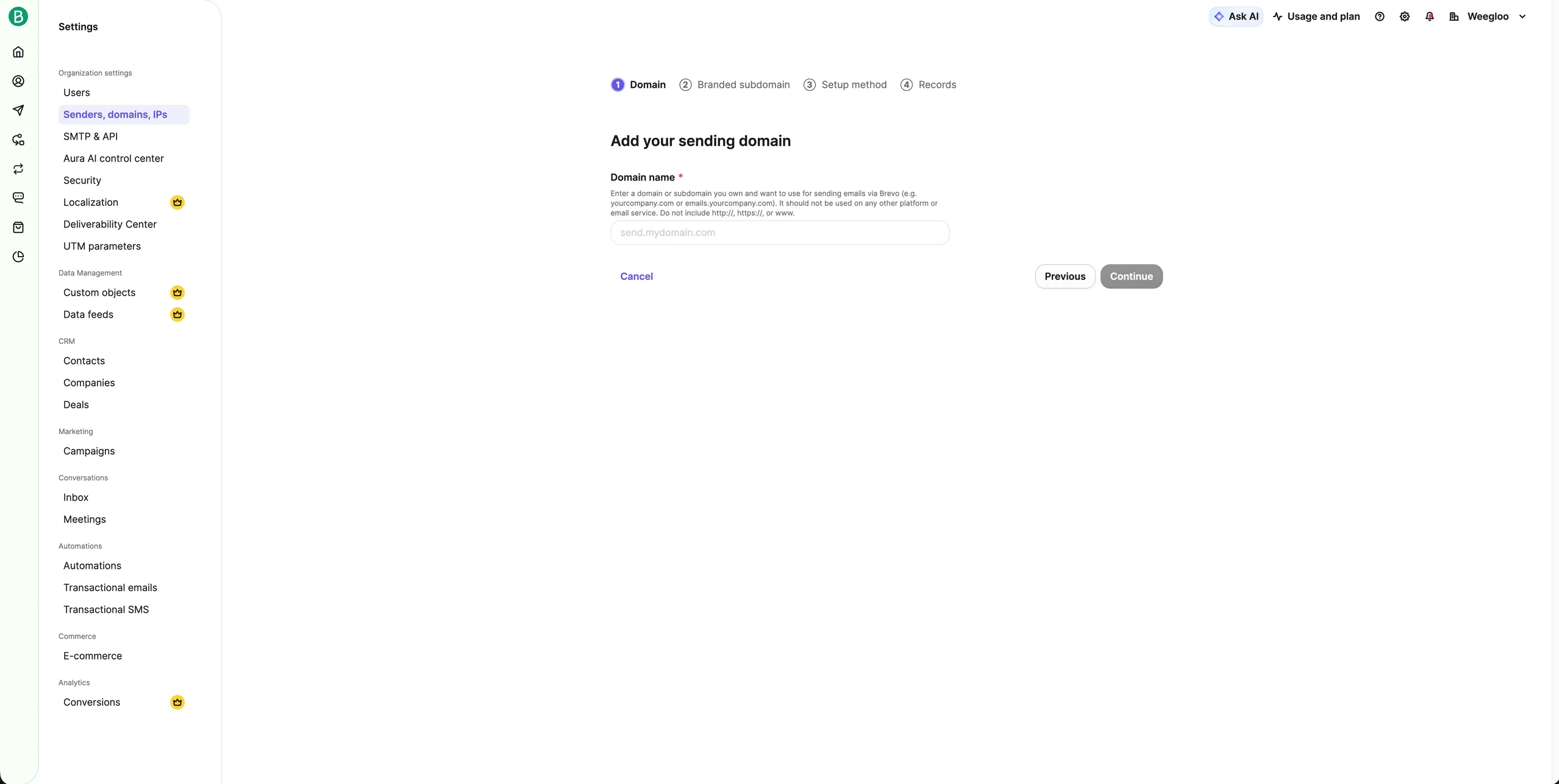 添加域名第一步的画面。可见 Domain name 输入栏,上方还有 Domain、Branded subdomain、Setup method、Records 四个步骤