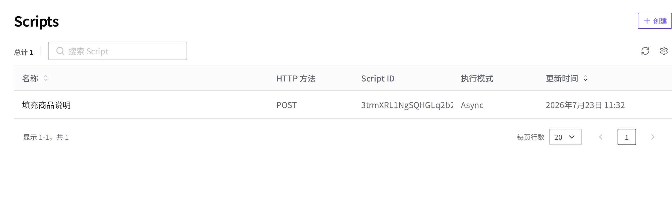 Script 列表画面。"填充商品说明" Script 以 HTTP 方法 POST、执行模式 Async 显示为一行的状态